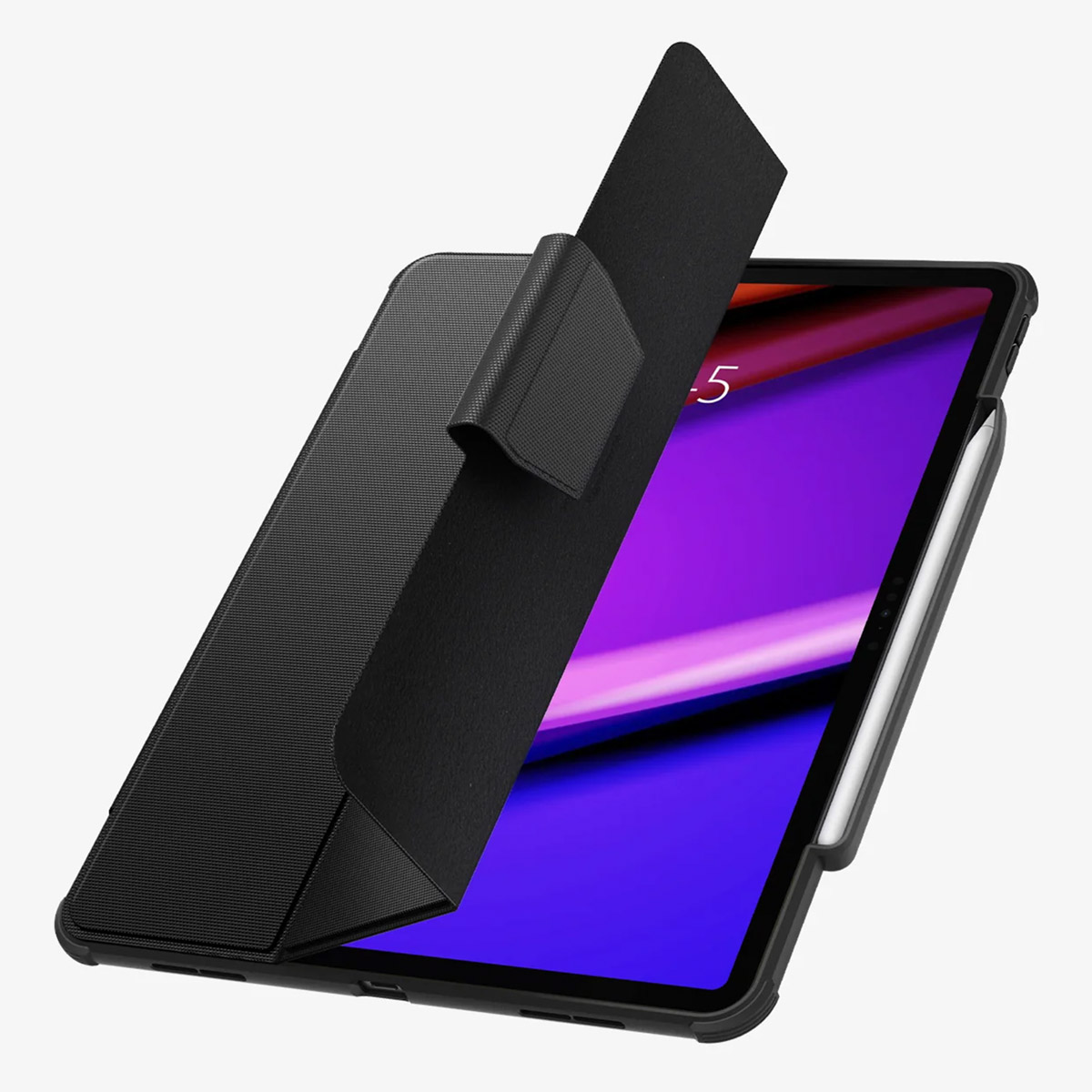 A tablet in a black case with a stylus, showing a purple and black screen.