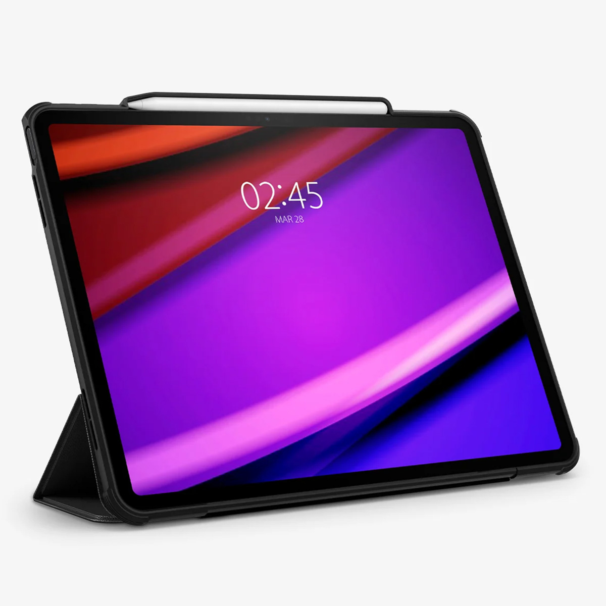A tablet in a black case with a stylus, displaying a colorful screen with the time.