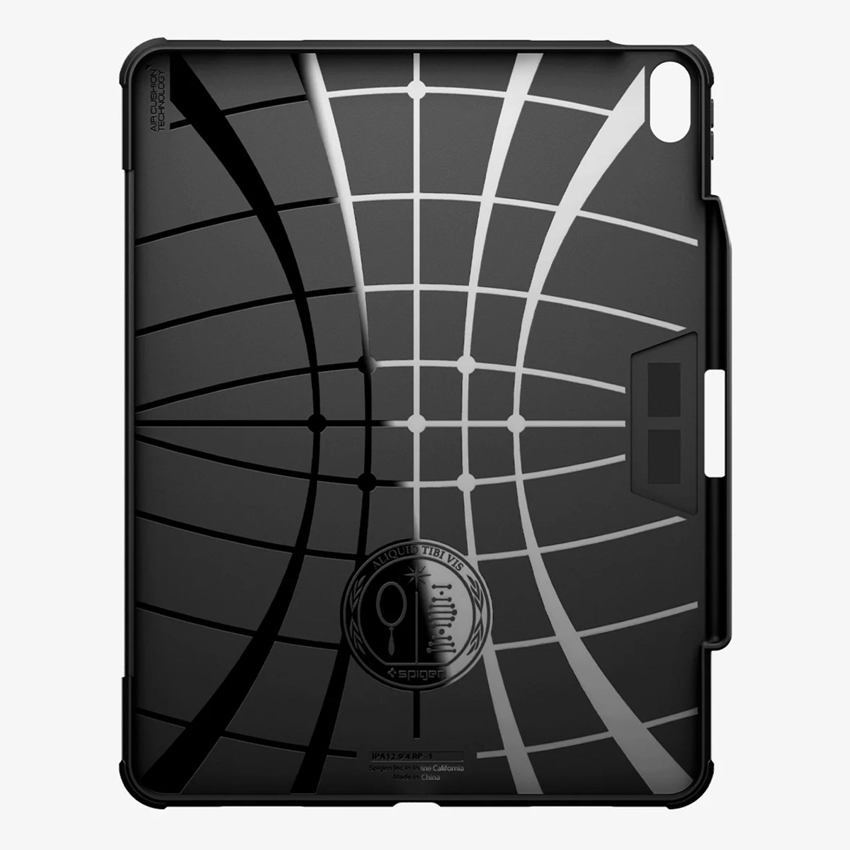 A black tablet case with a geometric design, featuring white lines and a logo.