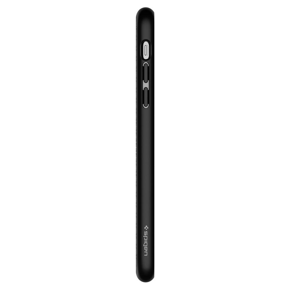 Het zijaanzicht van een slanke zwarte telefoonhoes met volume- en aan/uit-knoppen.