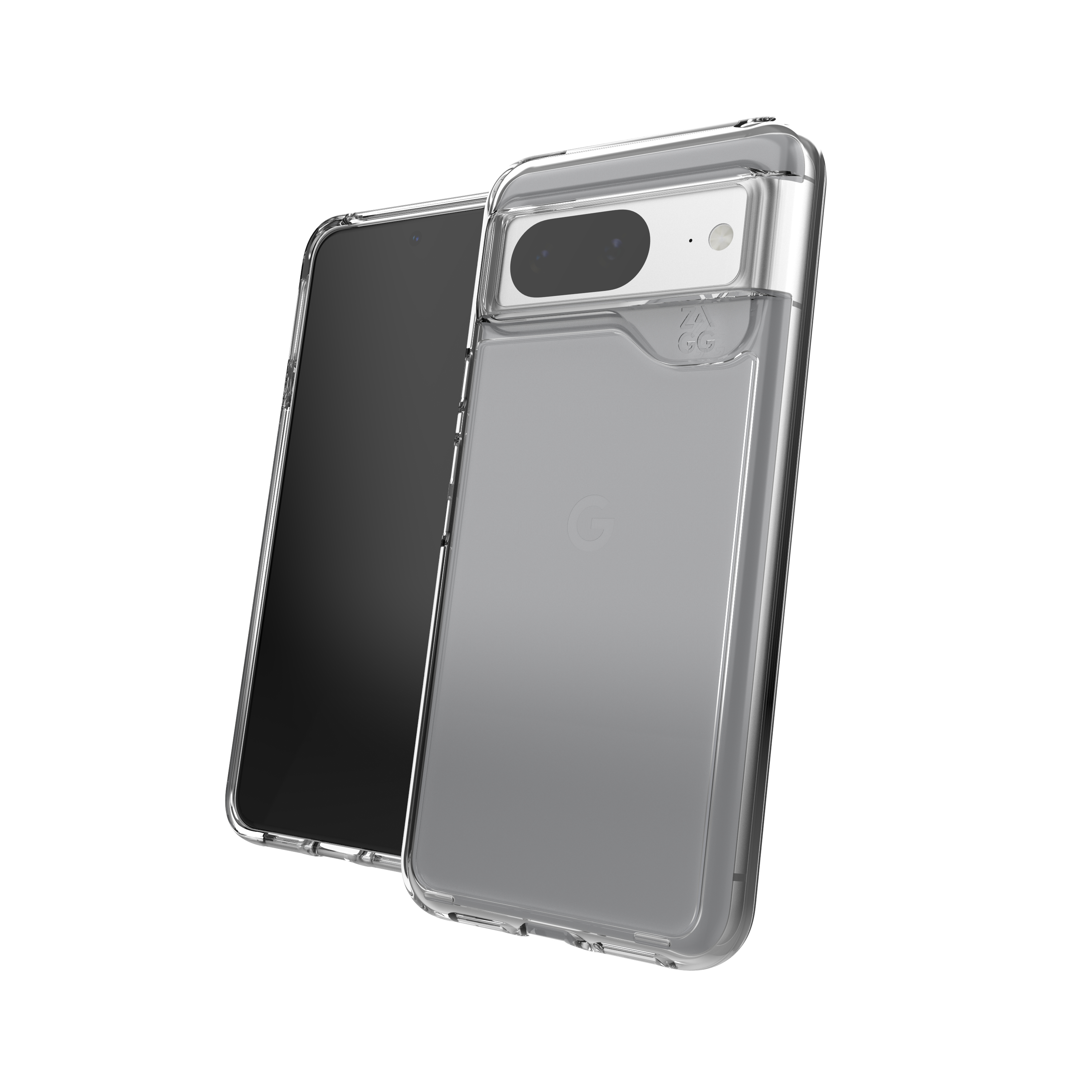 Une coque de téléphone transparente sur un téléphone, montrant la caméra et le logo Google, sur un fond blanc.