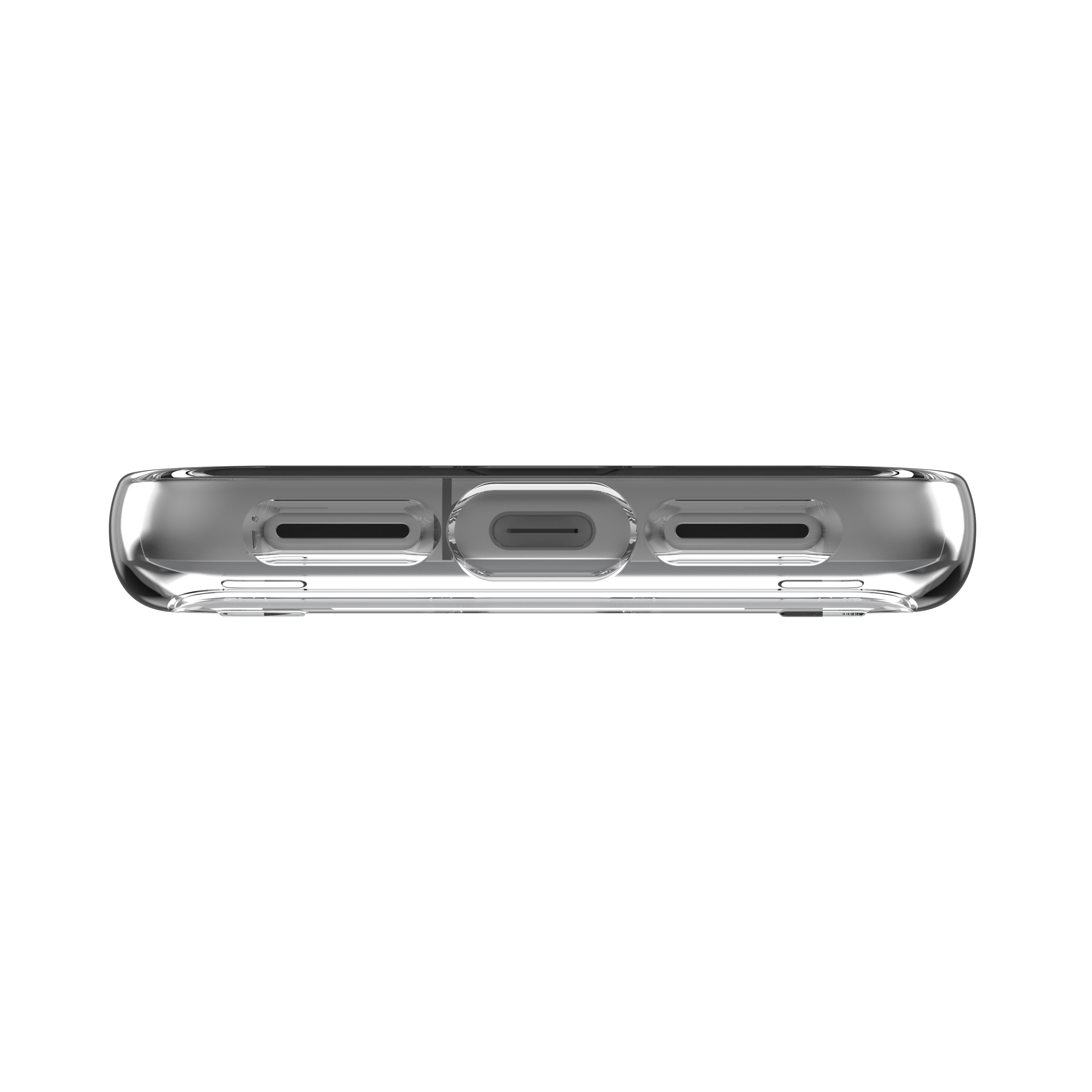Un gros plan du bord inférieur d'une coque de téléphone transparente, montrant le port de charge et les découpes des haut-parleurs.