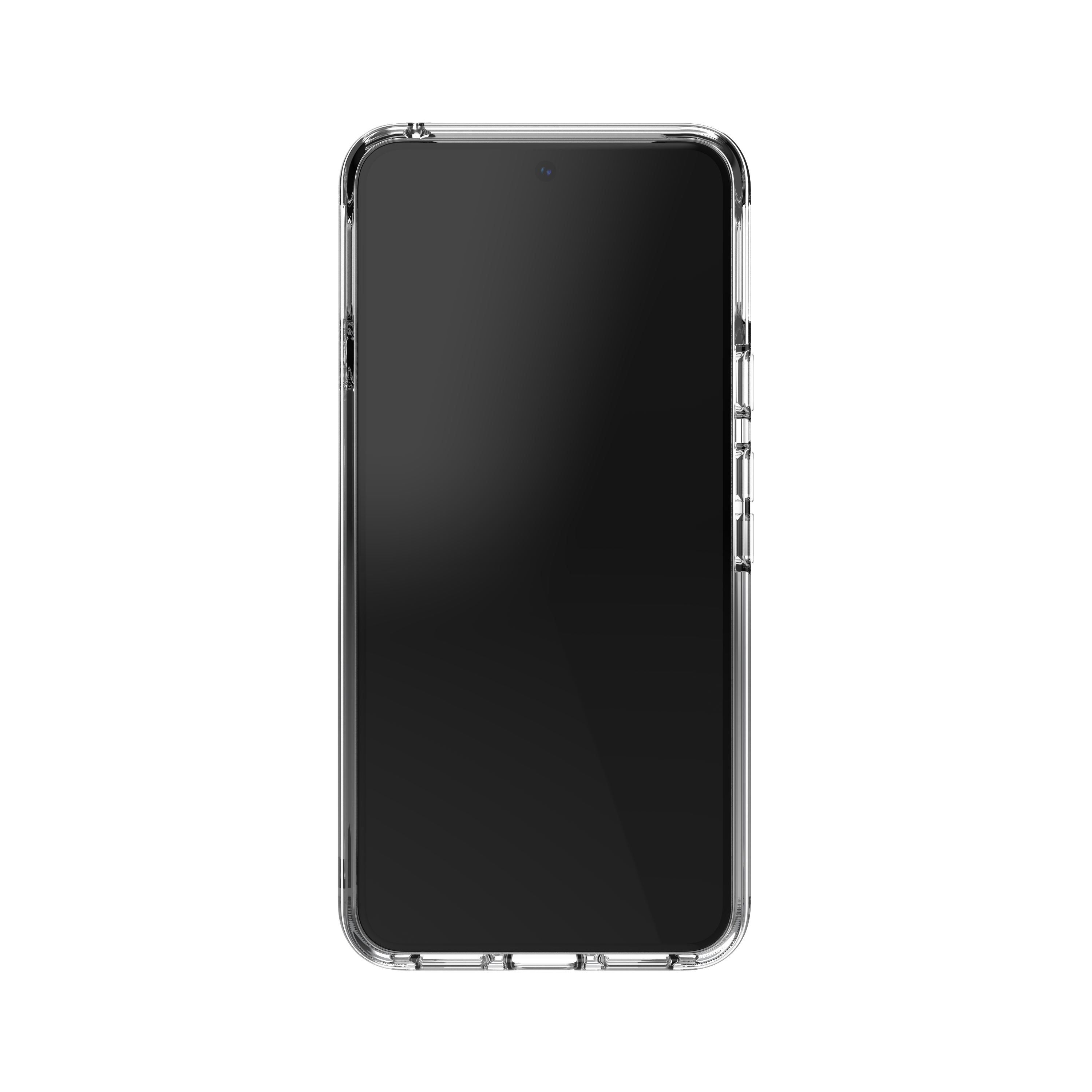 Un téléphone avec une coque transparente affichant l'écran noir, sur un fond blanc.