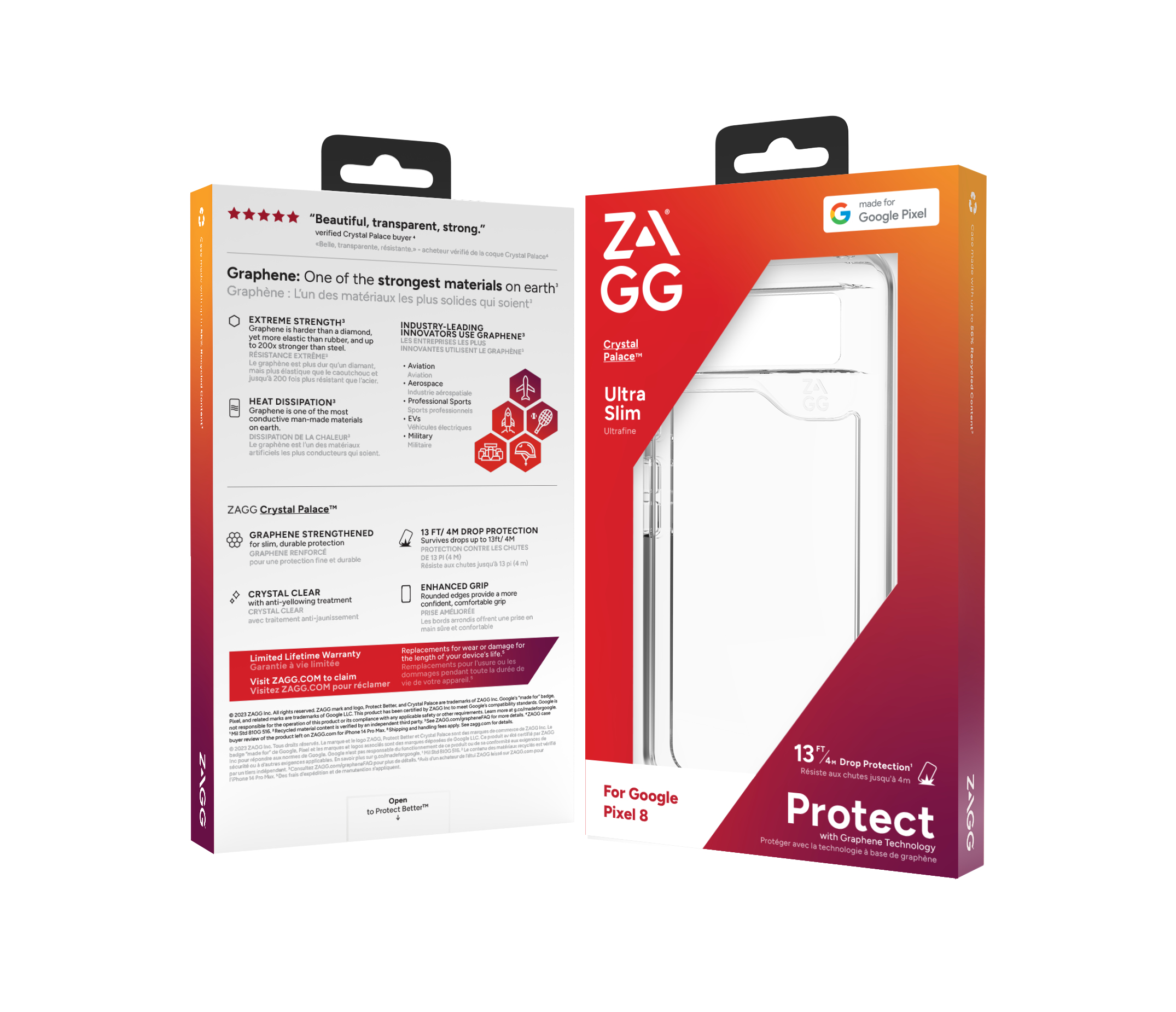 Deux boîtes de coques de téléphone ZAGG pour Google Pixel 8, mettant en évidence des fonctionnalités telles que la technologie du graphène et la protection contre les chutes.