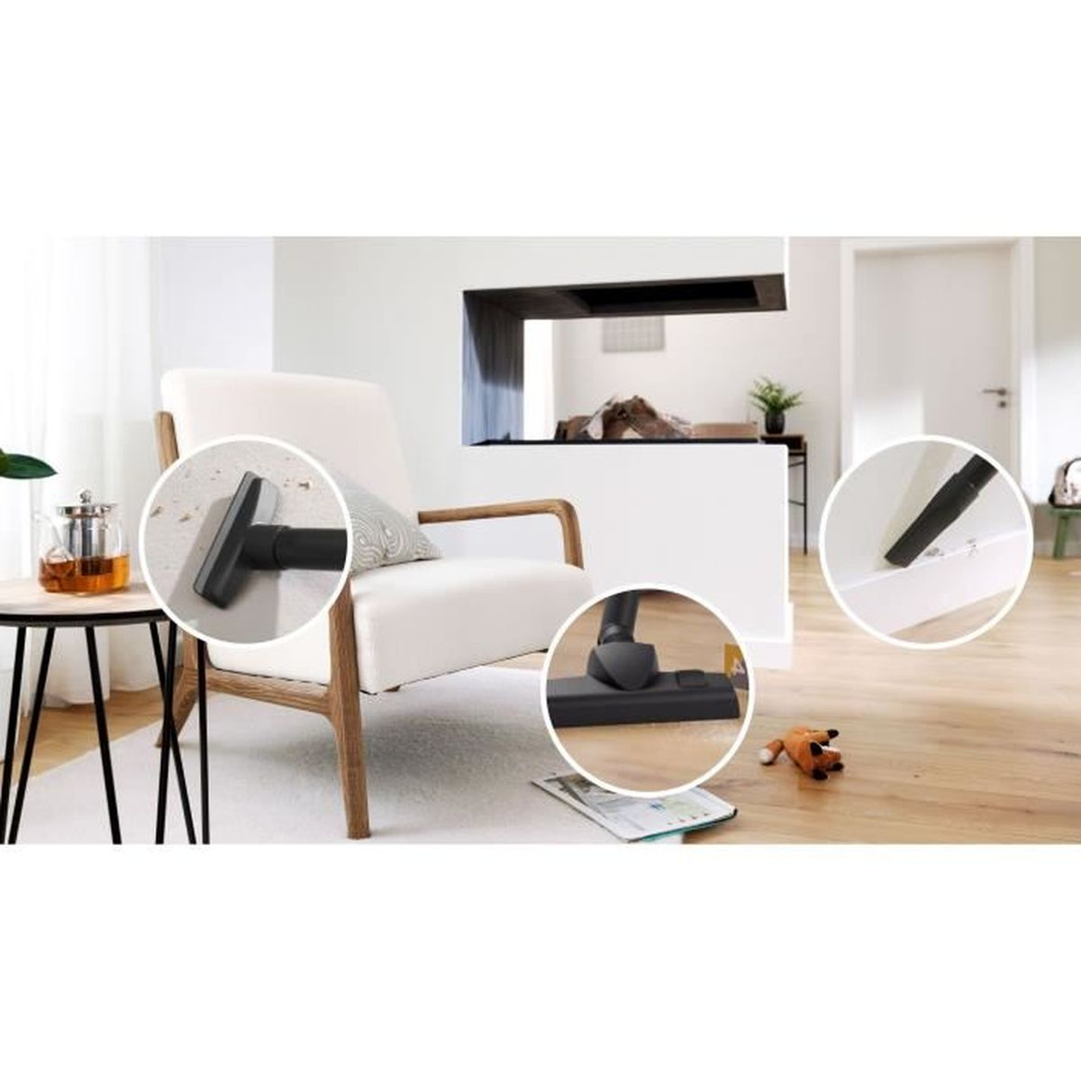 Szczegóły dotyczące odkurzania: białe krzesło, drewniana podłoga i nasadki do odkurzacza pokazane w kółkach.