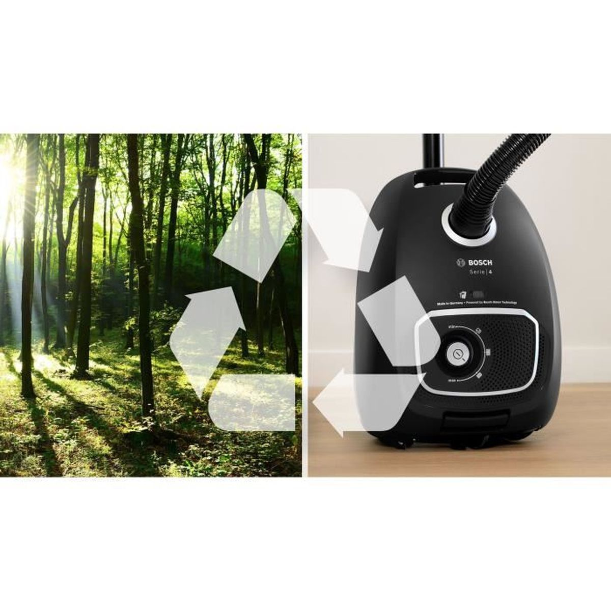 Czarny odkurzacz stoi obok sceny leśnej, z symbolem recyklingu nakładającym się na oba obrazy.