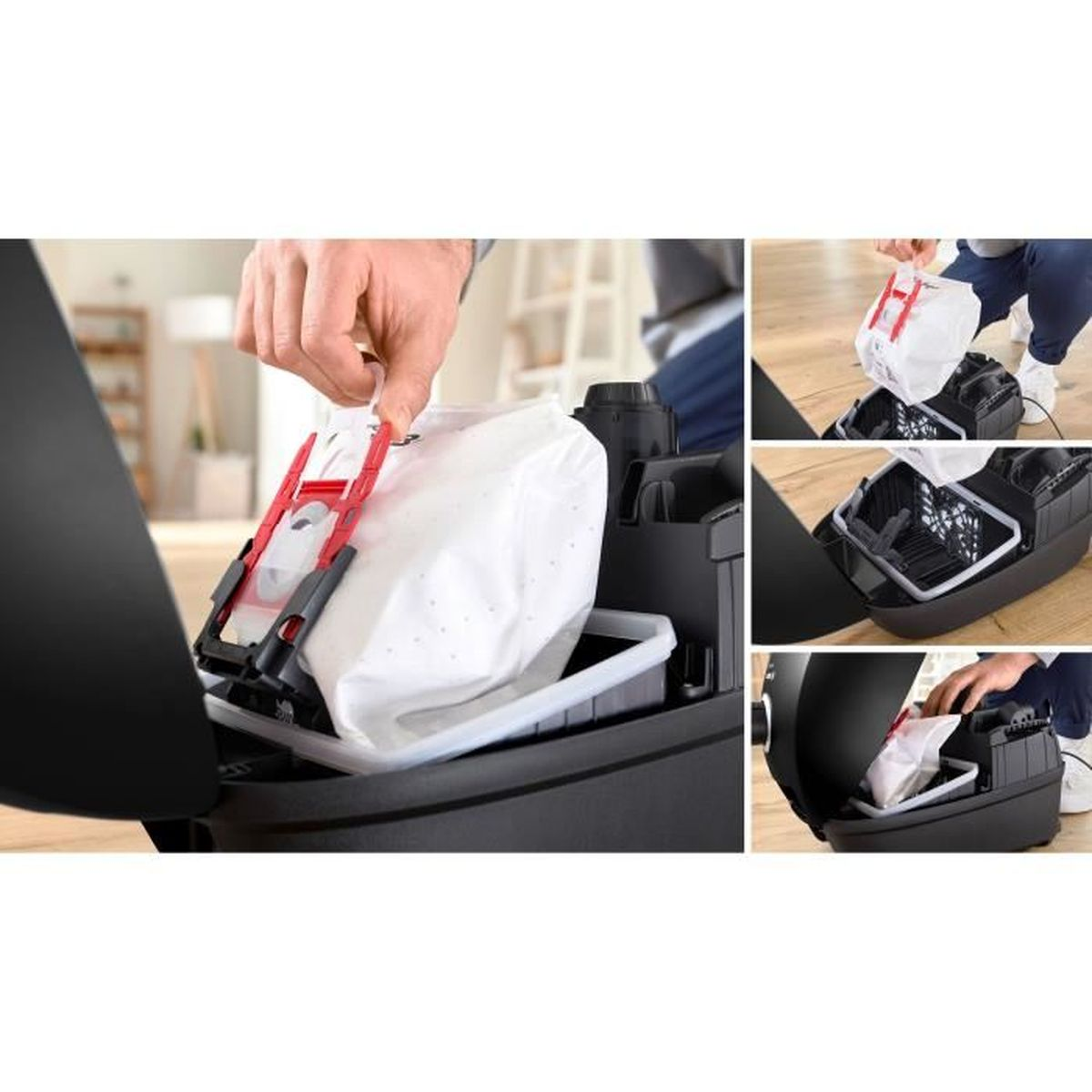 Ręka wkłada biały worek na kurz do czarnego odkurzacza, pokazanego w kolażu z trzech obrazów.