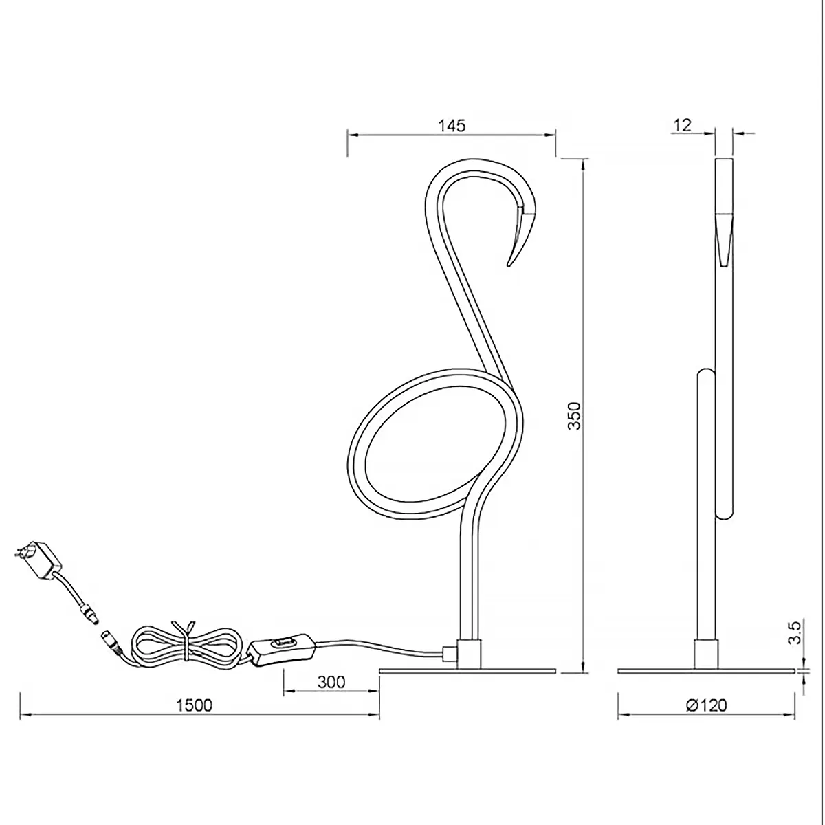 Technische tekening van een flamingo-vormige lamp met afmetingen in millimeters.