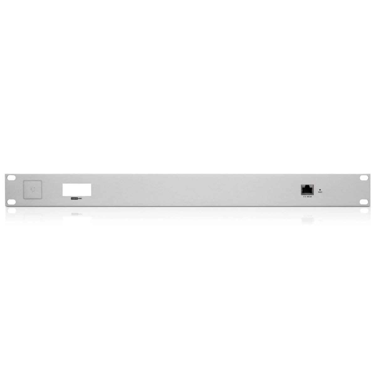 Silver rack-mounted device with ports on white background.