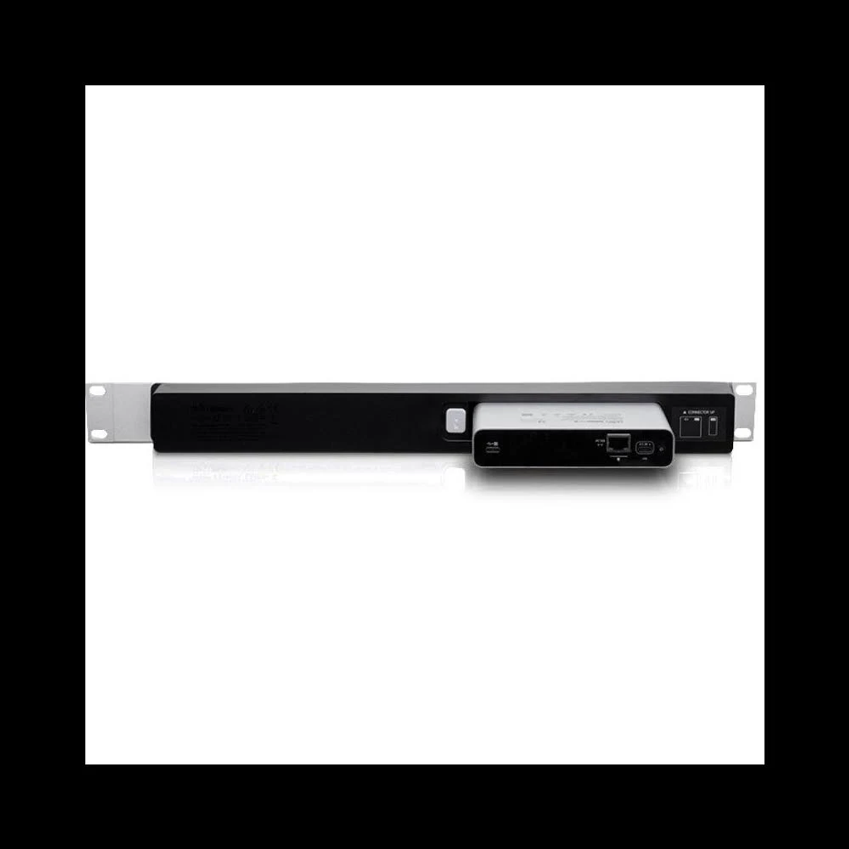 A black and silver rack-mounted device with ports is centered against a black background.