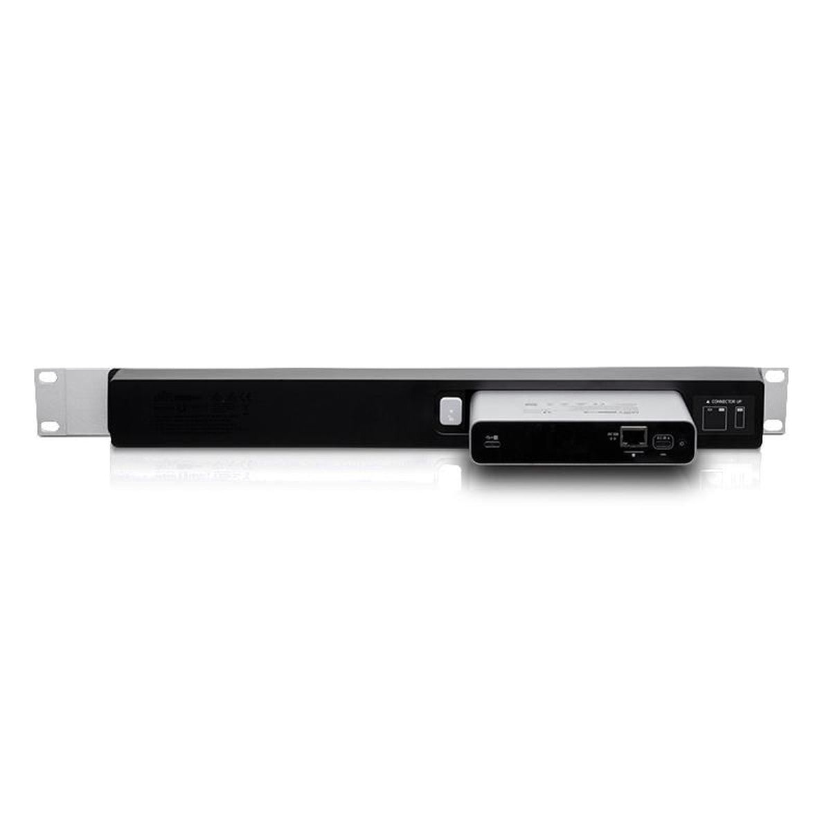 Black and silver rack-mounted device with ports on white background.