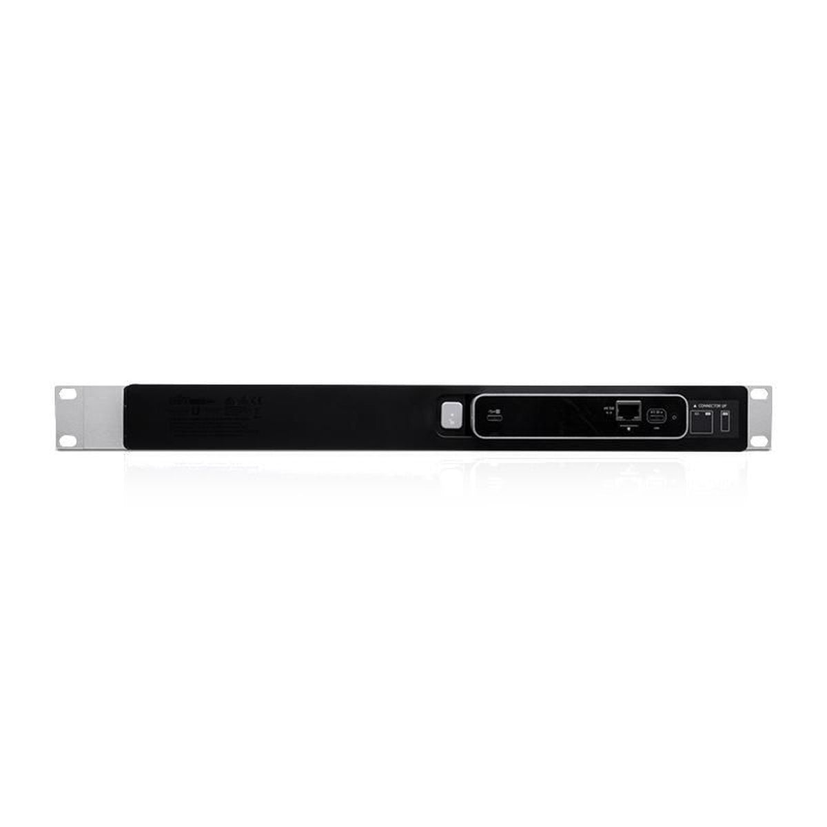 Black rack-mounted device with ports and indicators on white background.