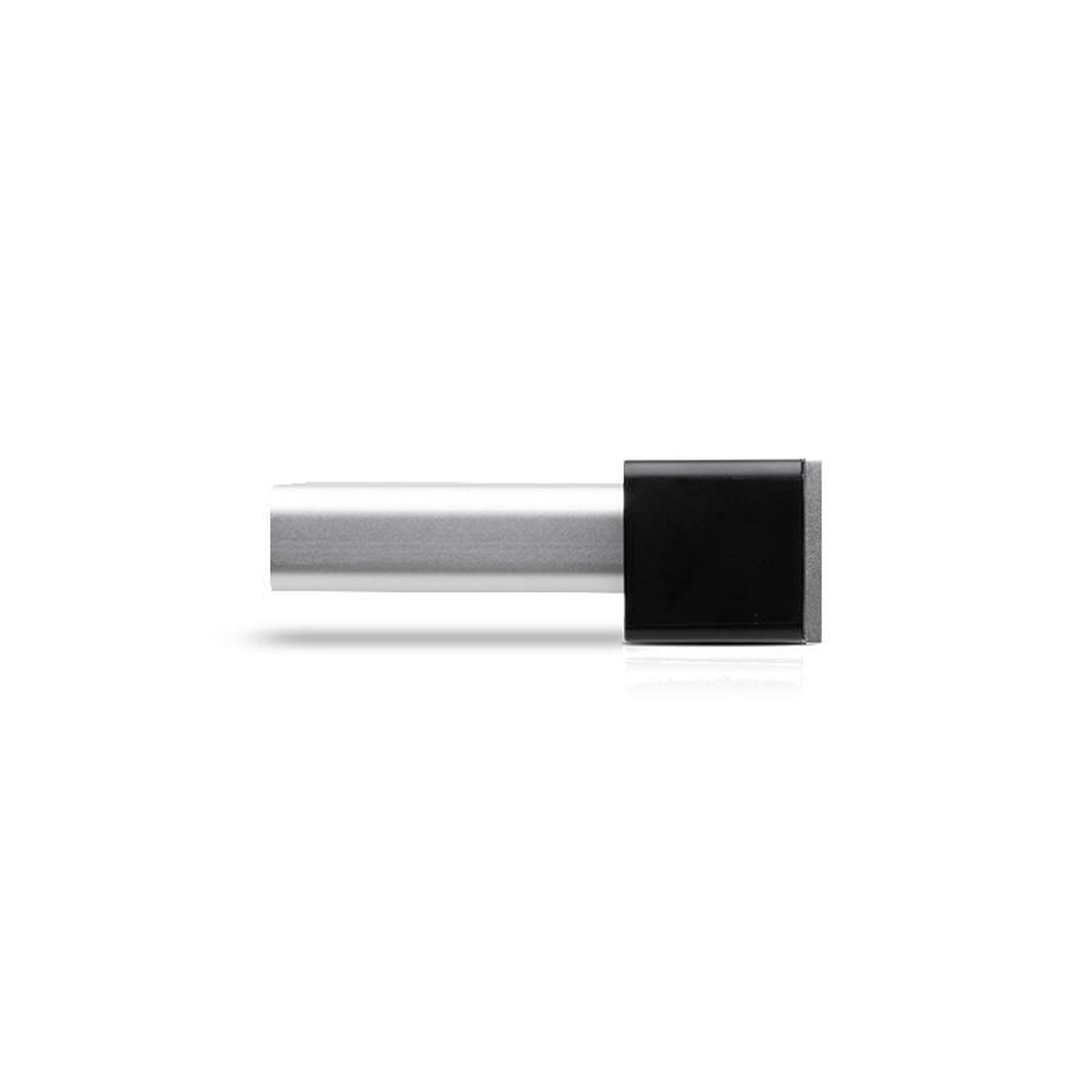 A silver and black USB stick is centered on a white background.