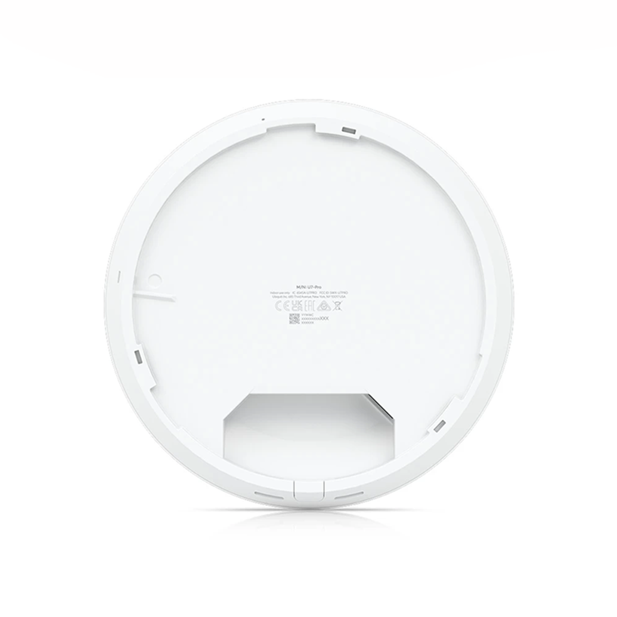 The back side of a white round device with a label and a mount on a white background.