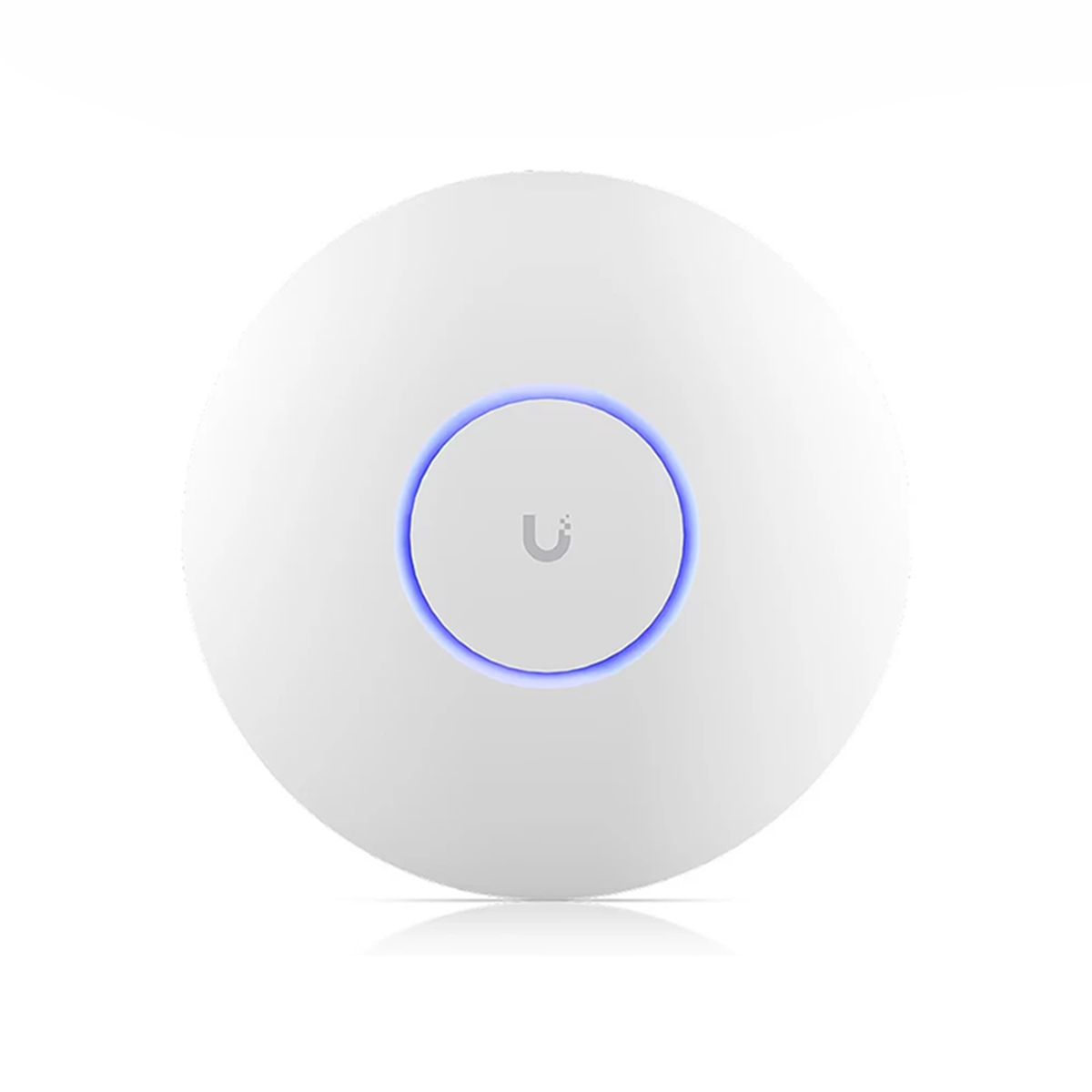 A white round access point with a blue light ring in the center on a white background.