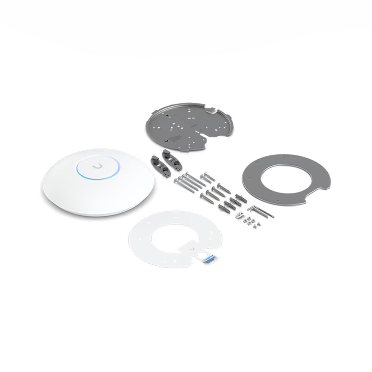 White round access point and mounting hardware, including screws and metal plates on white.