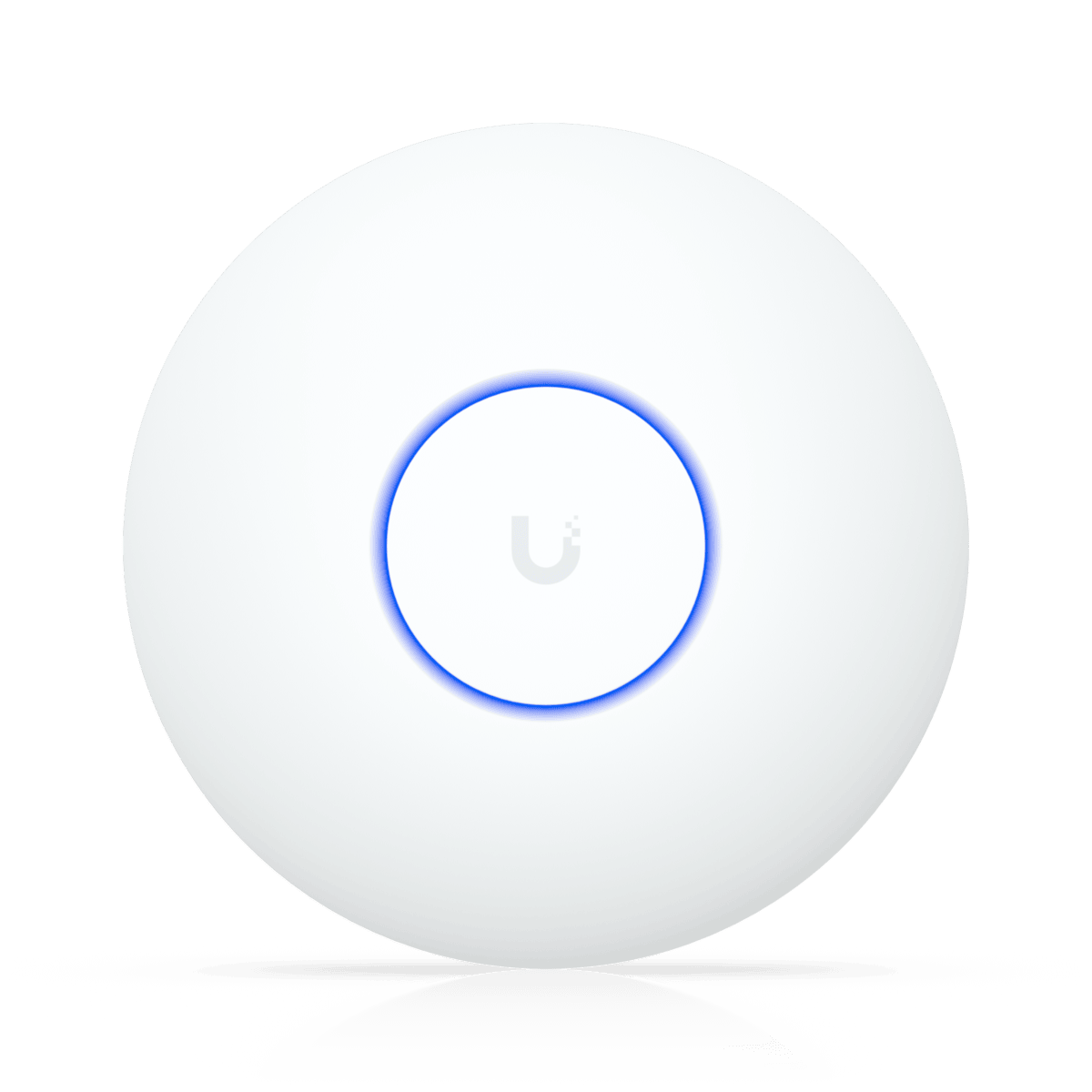 White round access point with a blue light ring in the center on a black background.