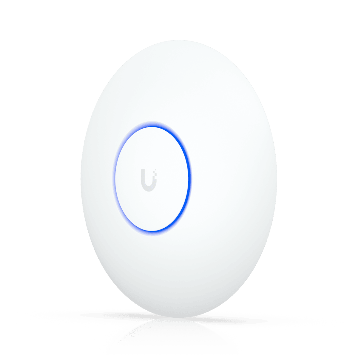 White round access point with a blue light ring in the center on a black background.