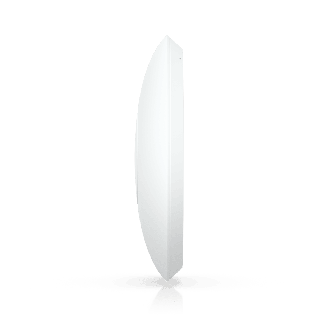 Side view of a white round access point on a black background.