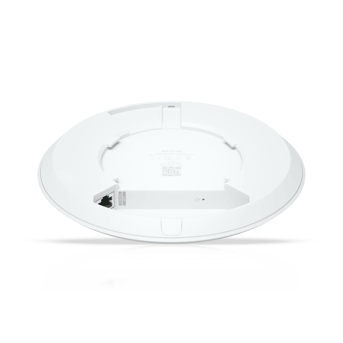 Bottom view of a white round access point on a black background.