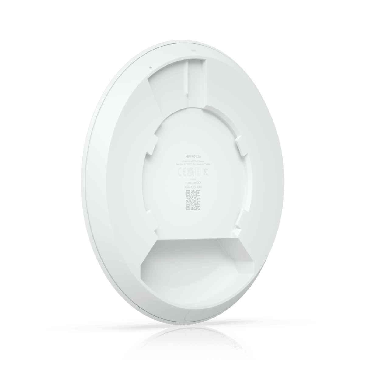 Bottom view of a white round access point on a black background.