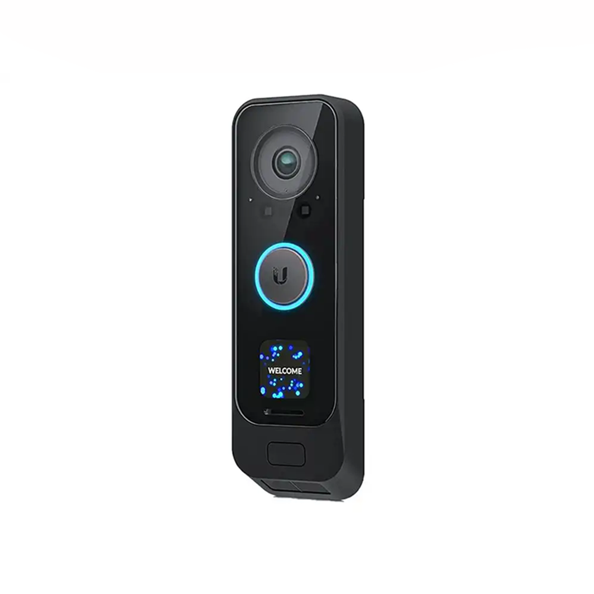A black video doorbell with a blue light and the word "WELCOME" on the screen.
