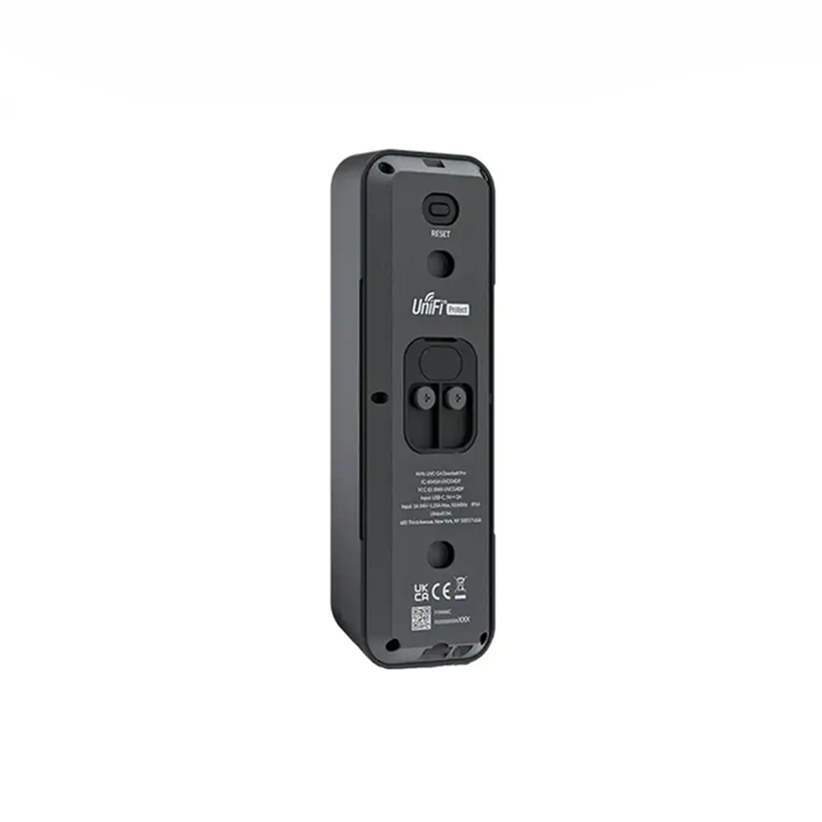 The back of a black video doorbell showing the reset button and Unifi Protect logo.