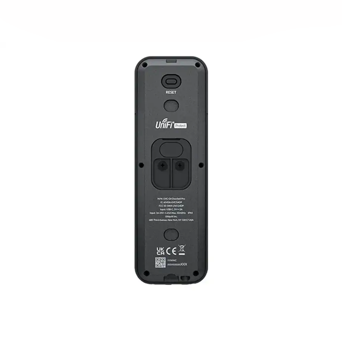 A close-up of the back of a black Unifi Protect video doorbell, isolated on white.