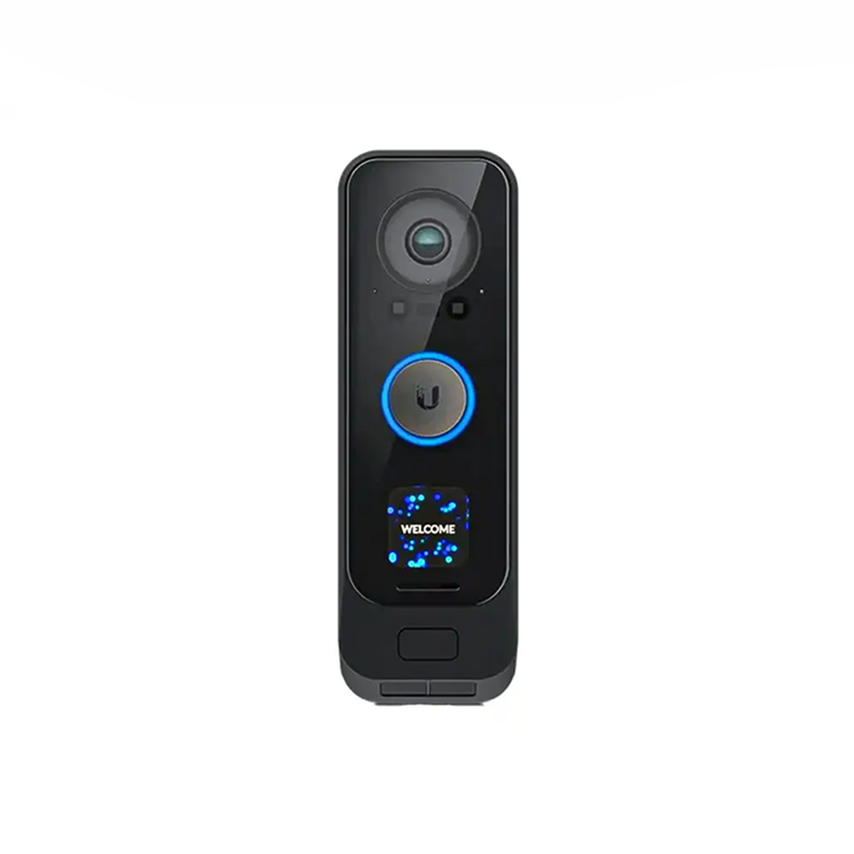 A black video doorbell with a blue light and the word "WELCOME" on the screen.