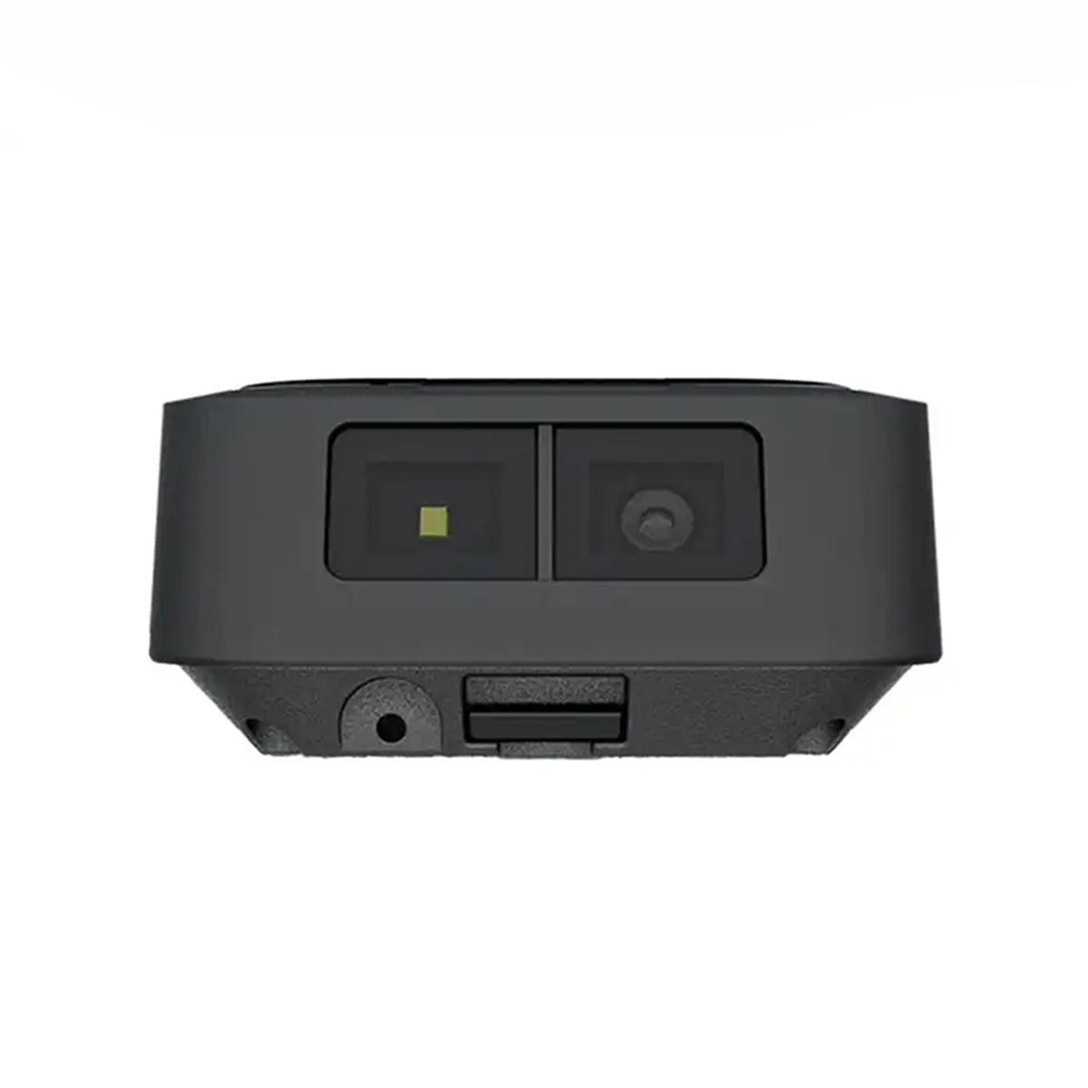 A close-up of the bottom of a black video doorbell showing the camera and microphone.