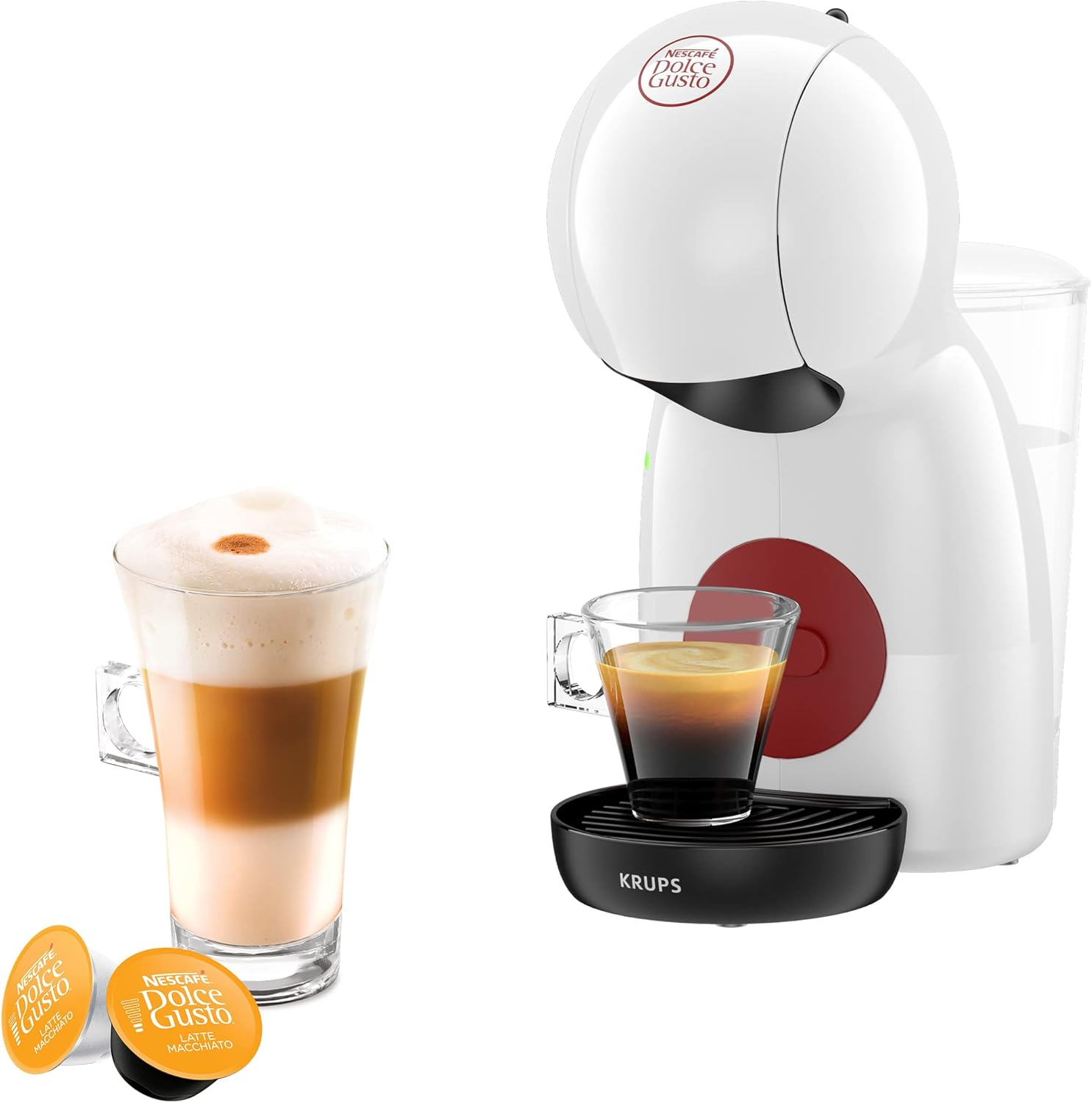 Biały ekspres do kawy Dolce Gusto z latte i espresso, plus kapsułki z kawą.