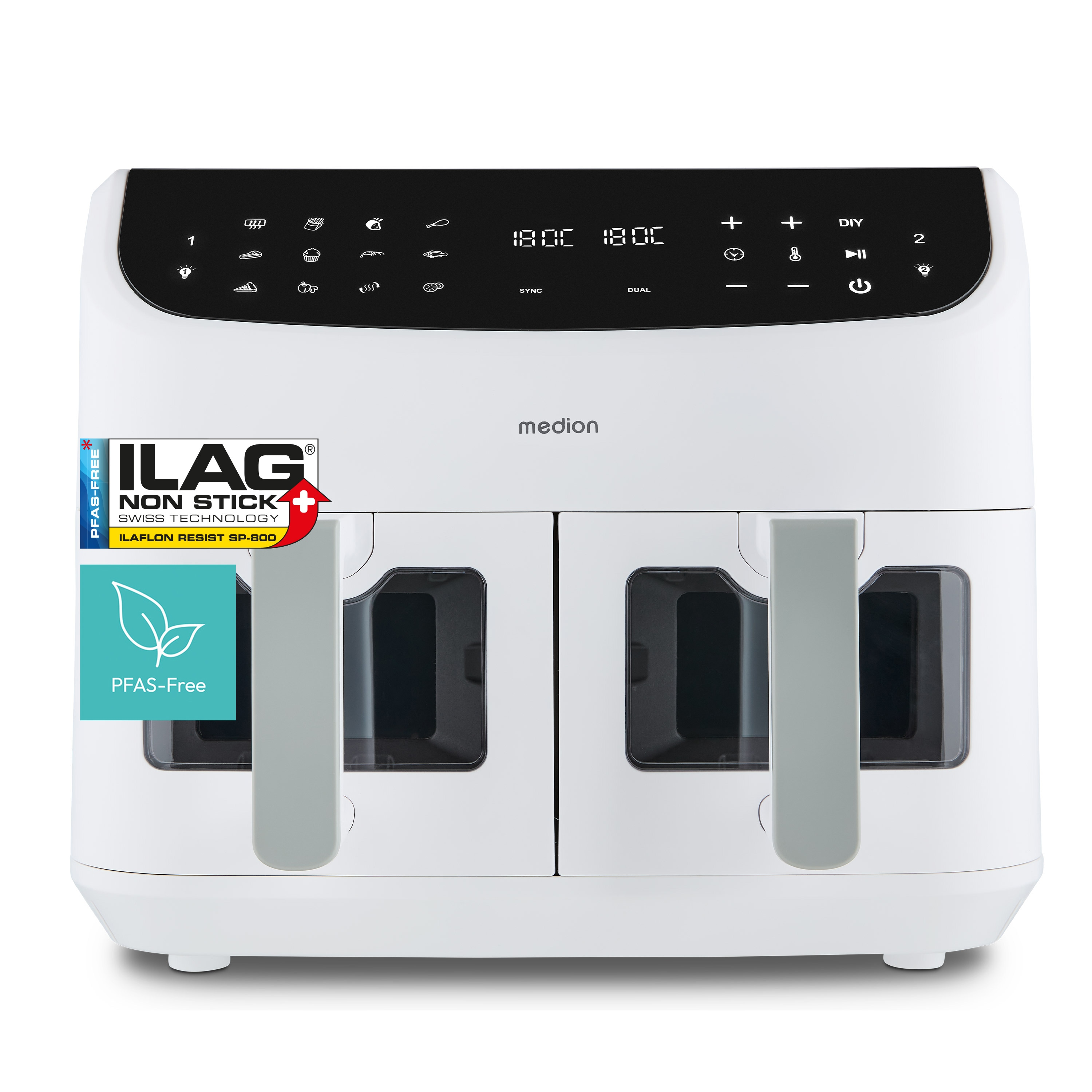 Een witte dual-basket airfryer met digitale bediening en een anti-aanbaklabel.