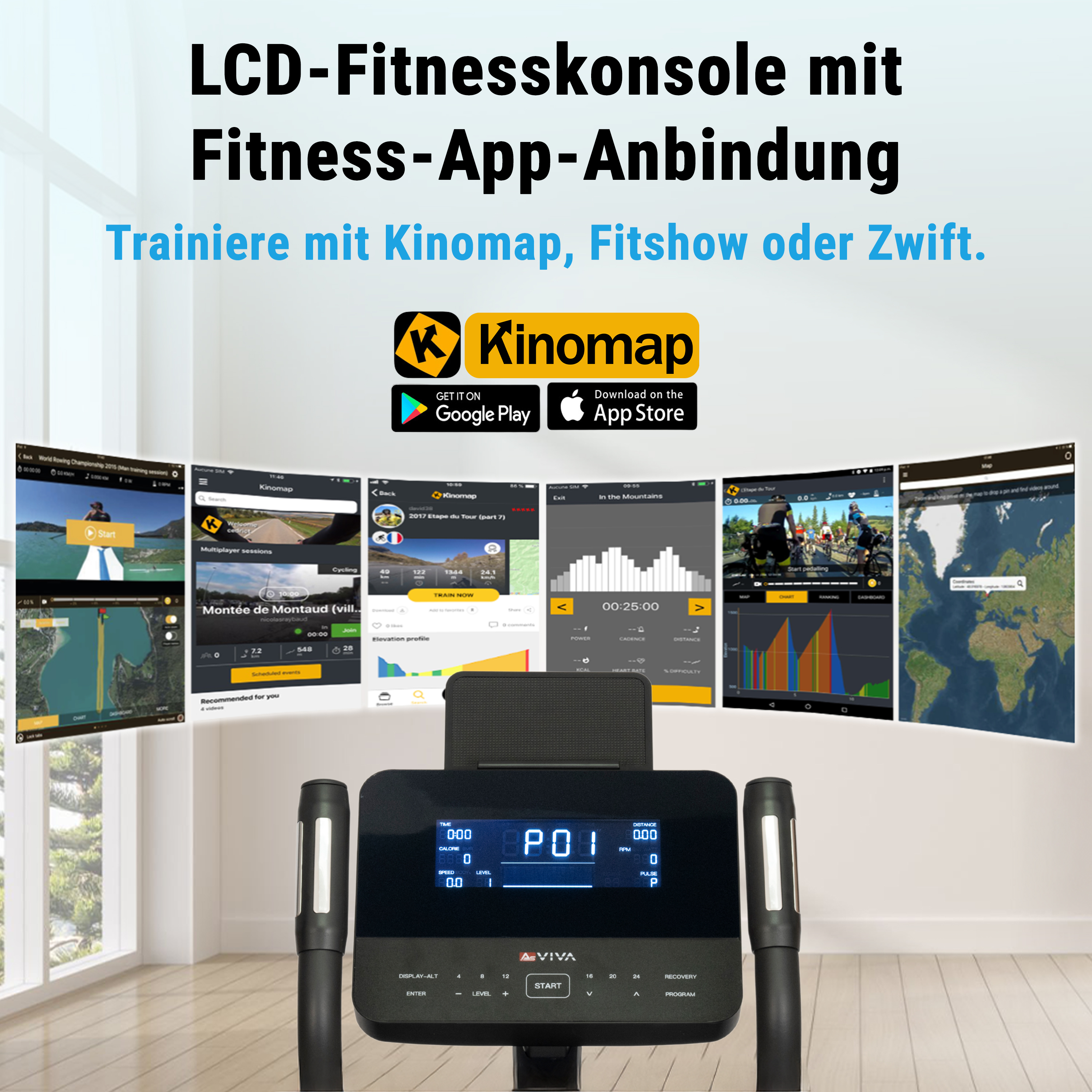 Ellipsentrainer mit LCD-Bildschirm, der Fitness-Apps anzeigt, vor einem verschwommenen Hintergrund.