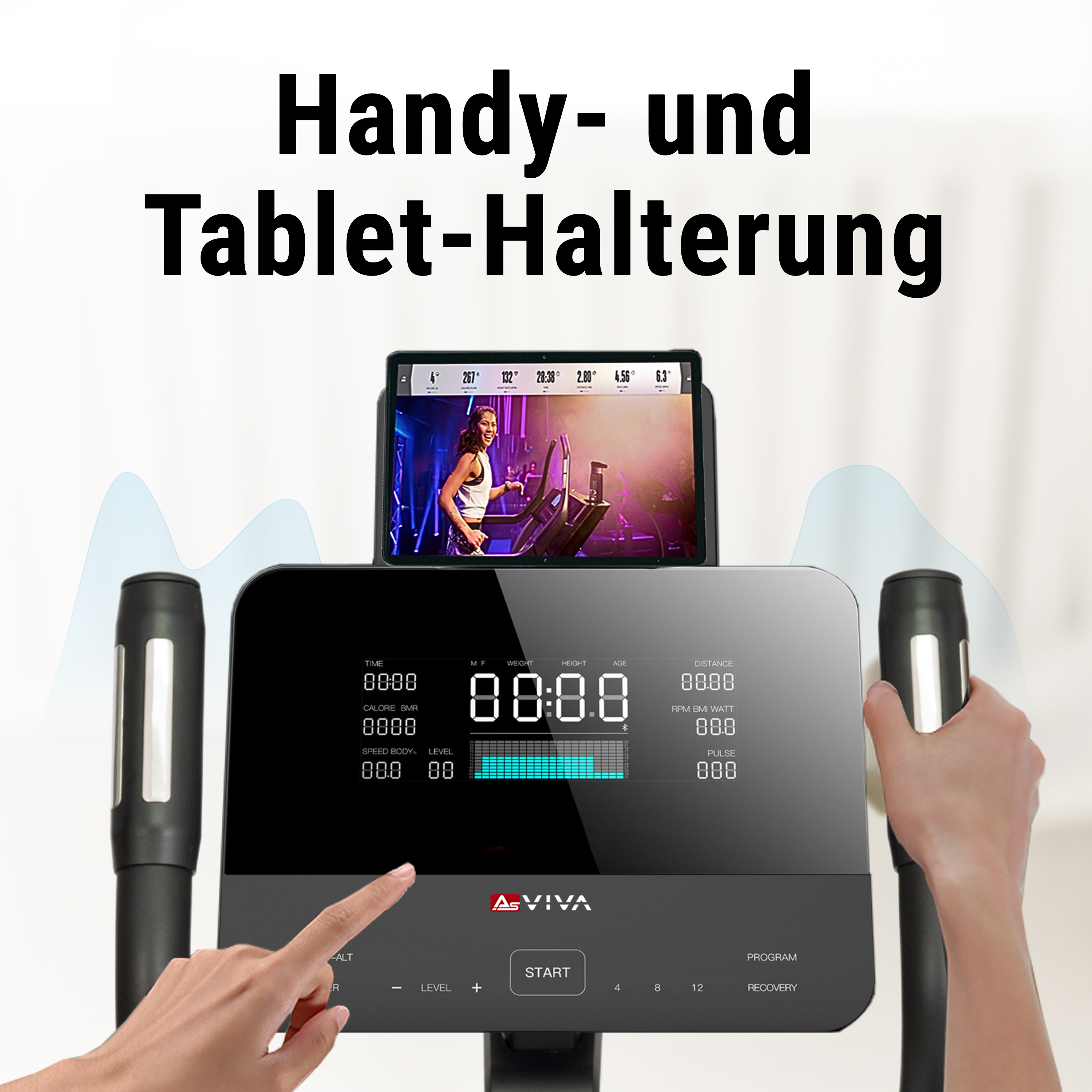 Ellipsentrainer mit Tablethalter, der eine Trainings-App und eine digitale Anzeige zeigt.