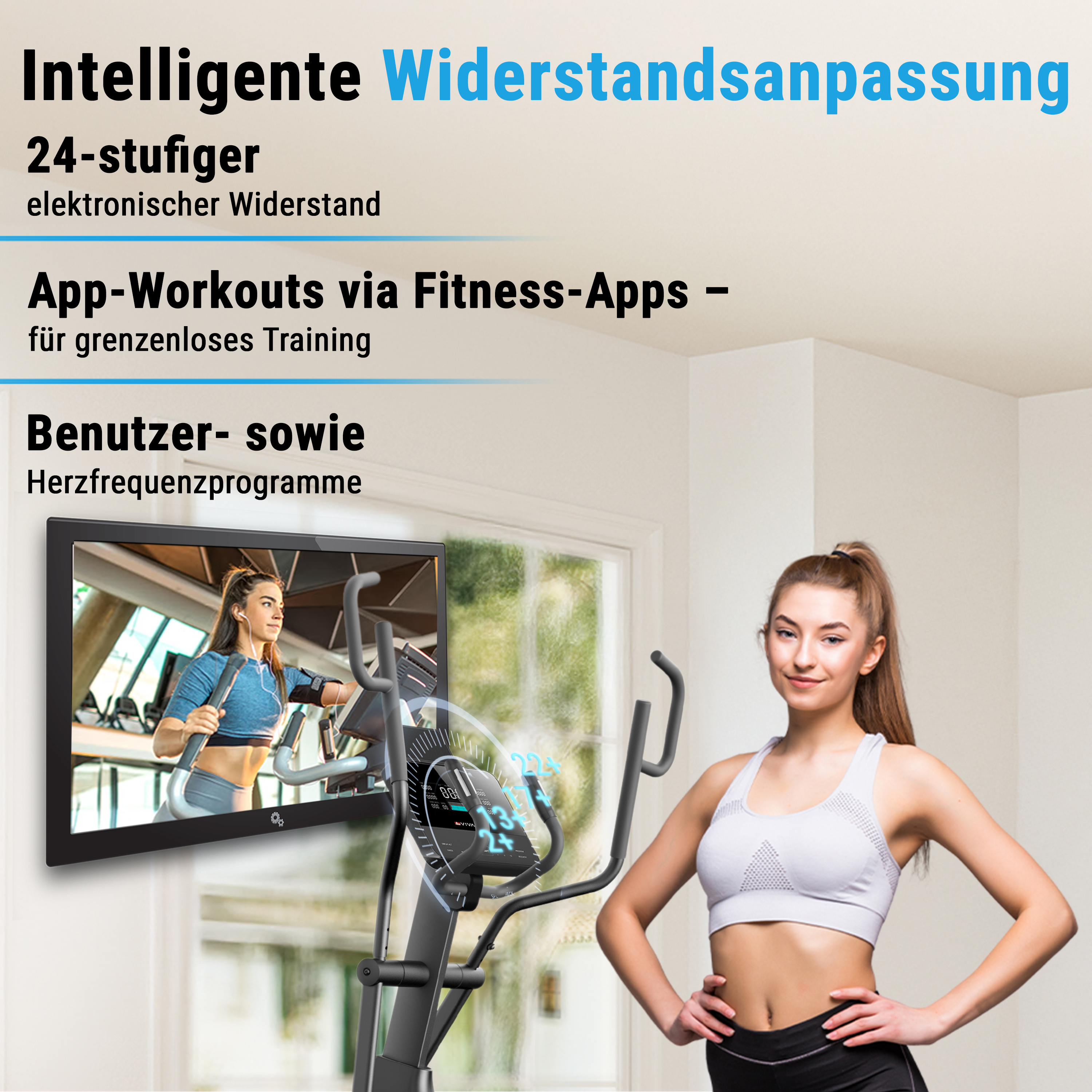 Eine Frau steht neben einem Ellipsentrainer mit einem Bildschirm, der Trainingsprogramme anzeigt.