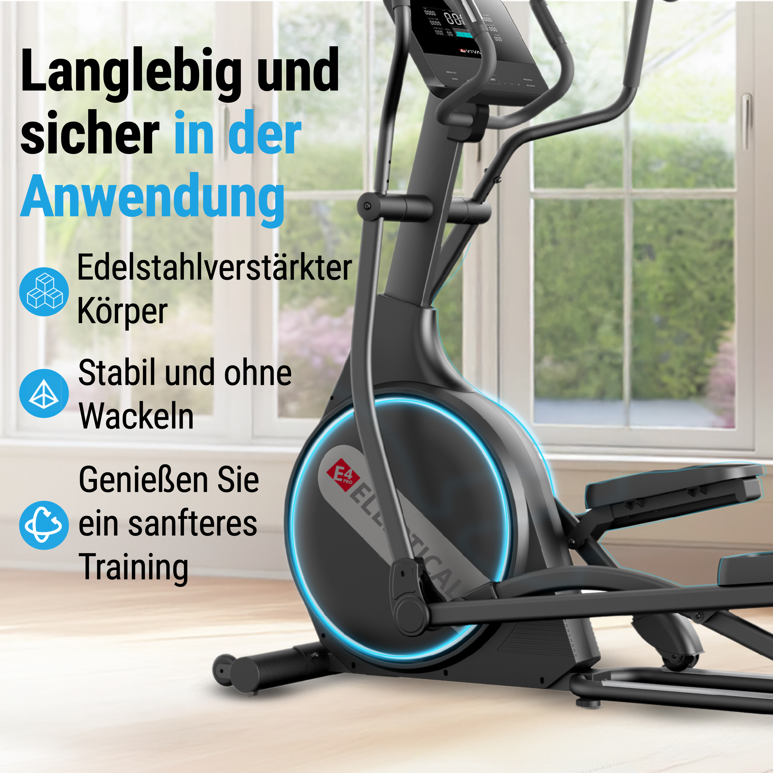 Ellipsentrainer mit blauen Akzenten, mit einem stabilen Rahmen und einer sanften Bewegung.