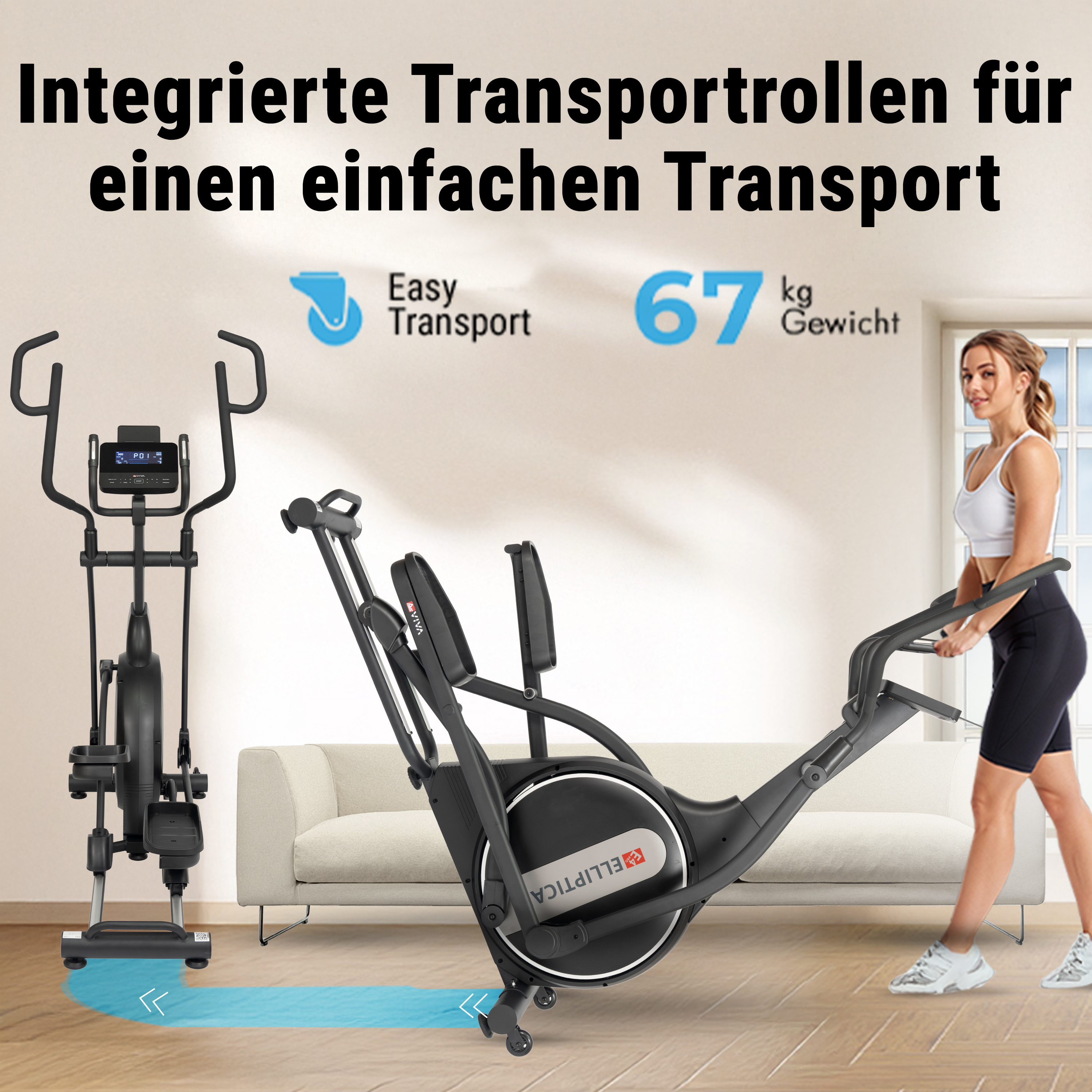 Ellipsentrainer mit Transportrollen, neben einer Frau in Trainingskleidung.