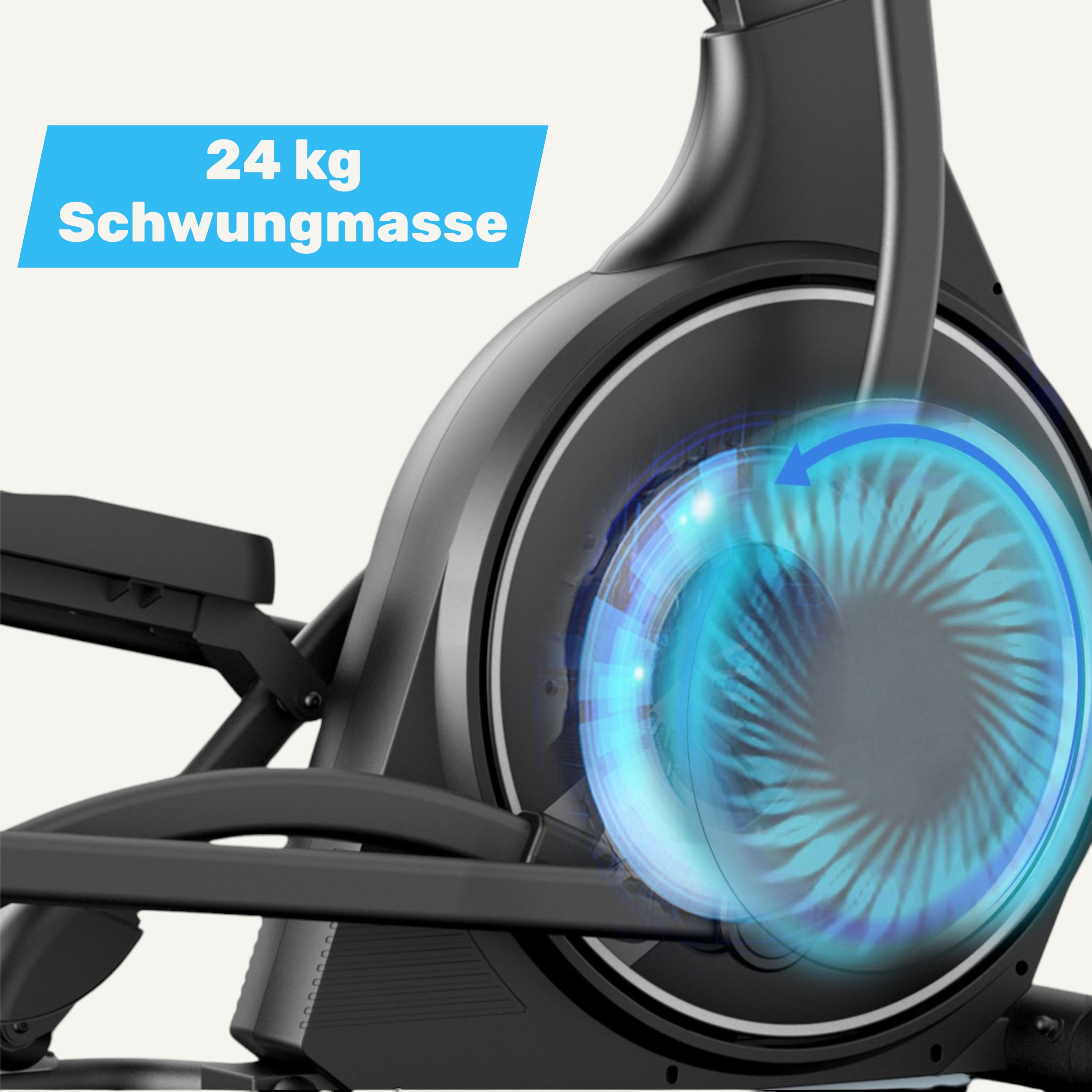 Nahaufnahme des Schwungrads eines Ellipsentrainers mit blauem, kreisförmigem Design-Overlay.