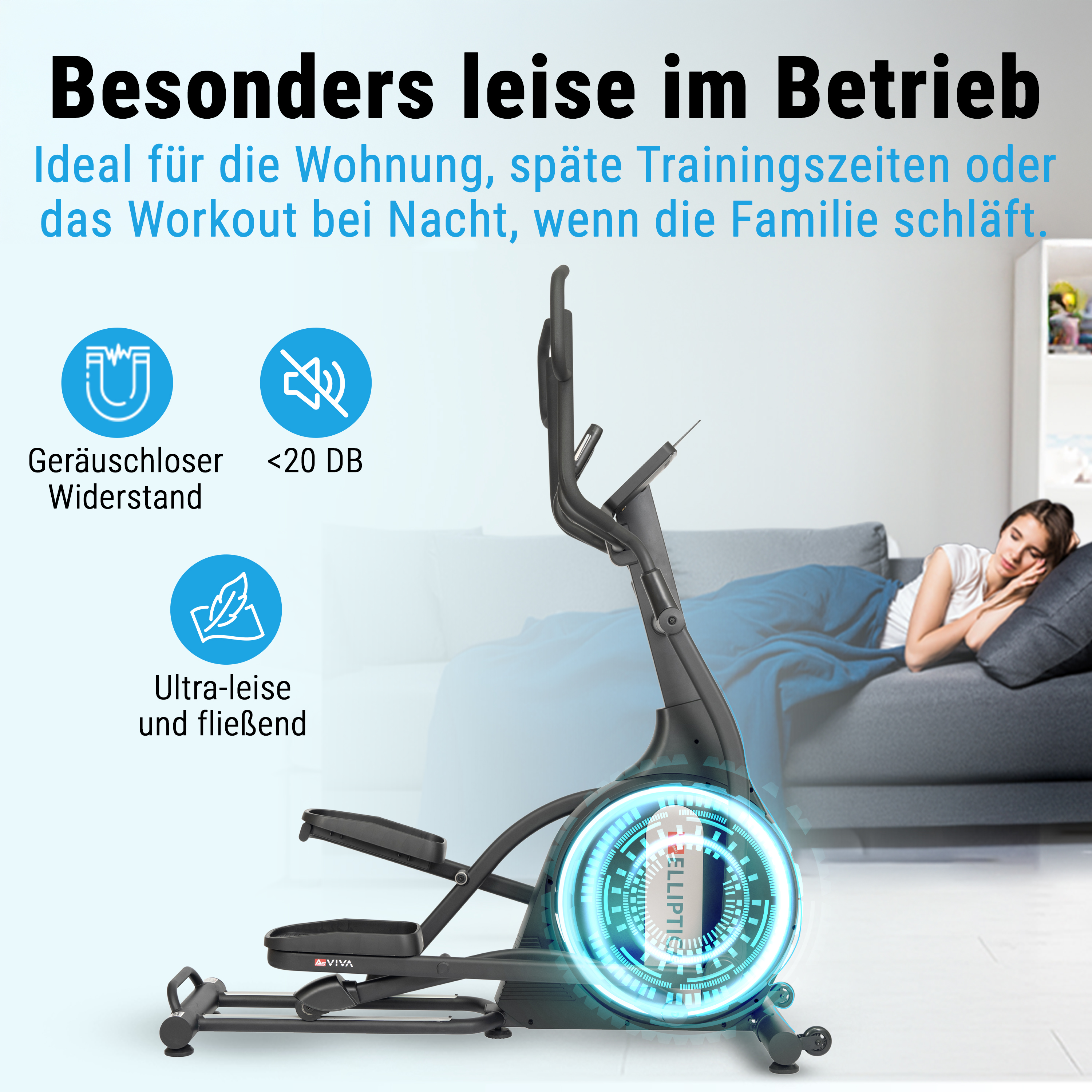 Ellipsentrainer, der einen leisen Betrieb demonstriert, mit einer schlafenden Frau im Hintergrund.