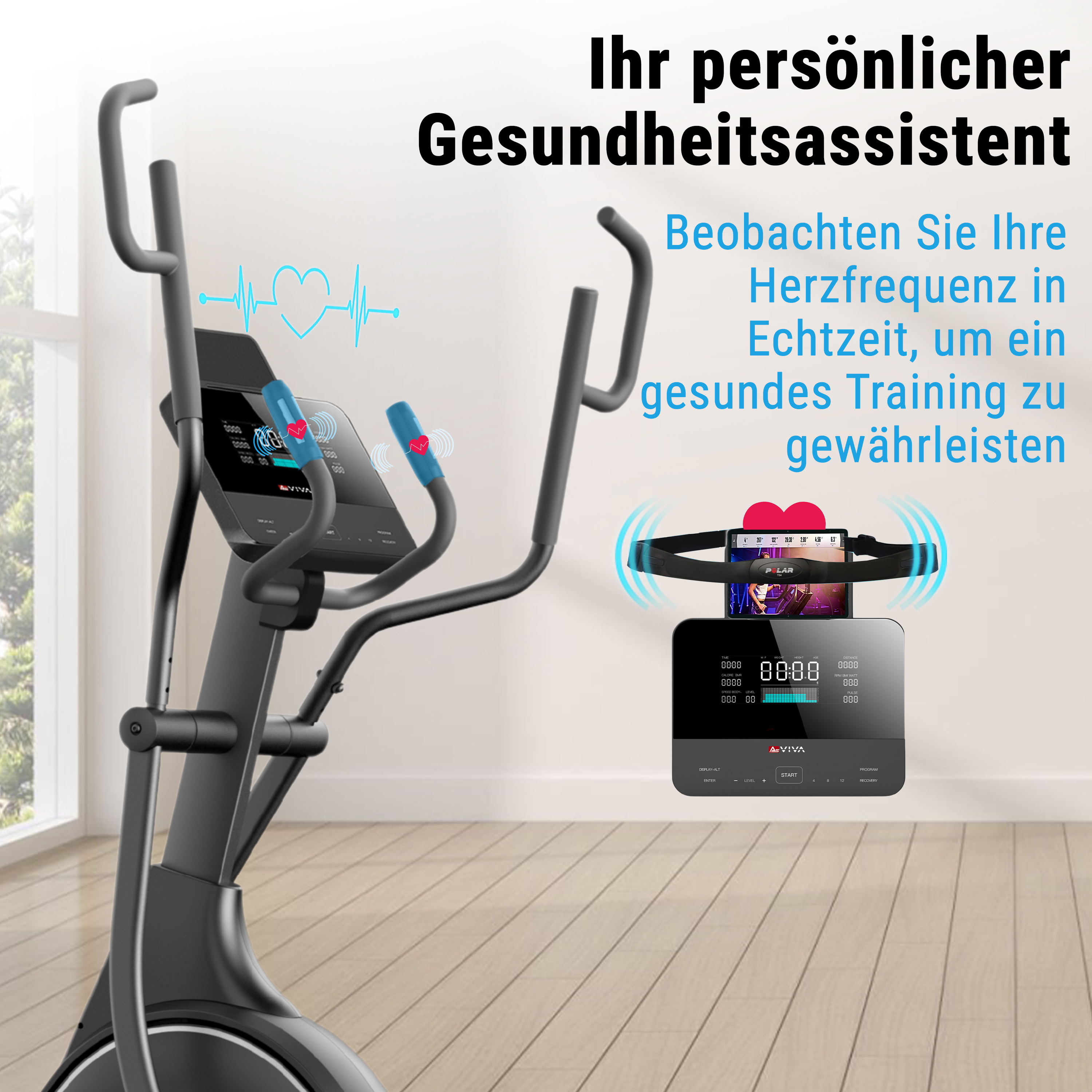 Ellipsentrainer mit Herzfrequenzmessung, ausgestellt in einem hellen Raum.