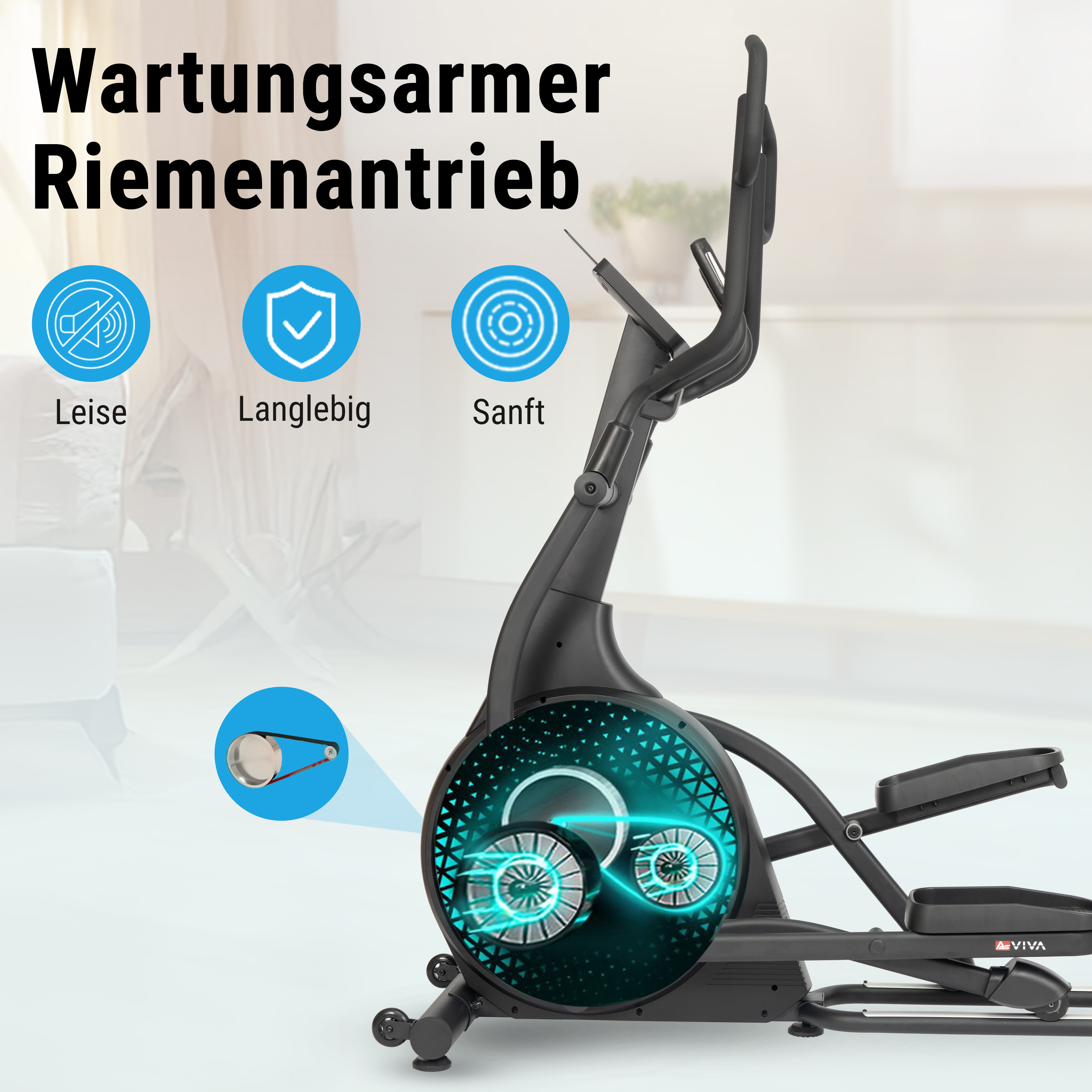 Ellipsentrainer mit wartungsarmem Riemenantrieb, gezeigt in einem Wohnzimmerambiente.