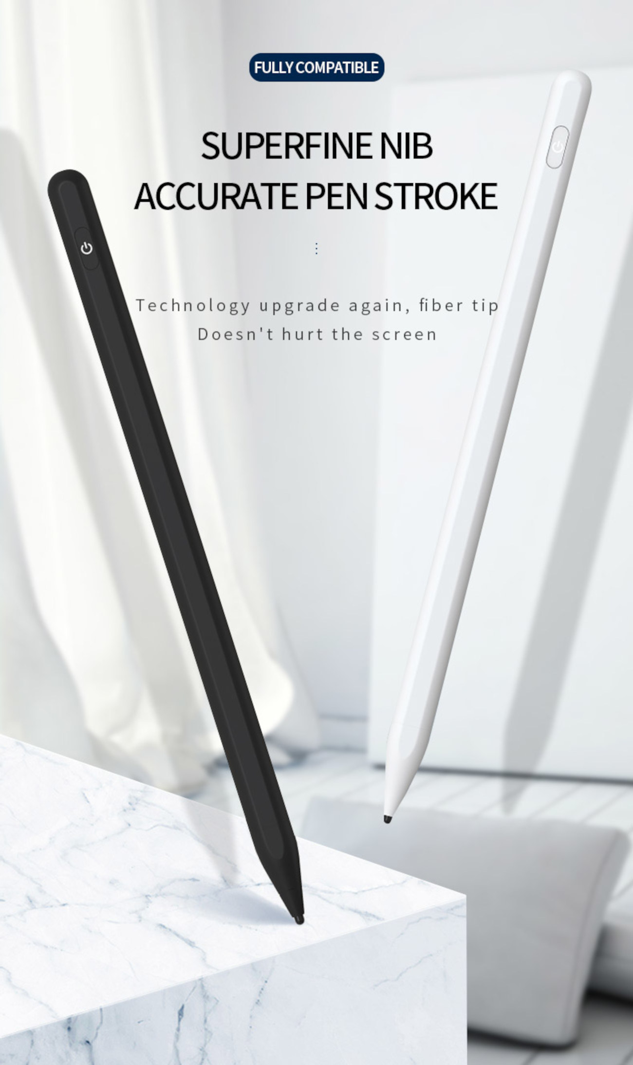 Das Bild zeigt einen schwarzen und einen weißen digitalen Stift, die auf einer Marmoroberfläche stehen. Der Text 'SUPERFINE NIB ACCURATE PEN STROKE' ist sichtbar.