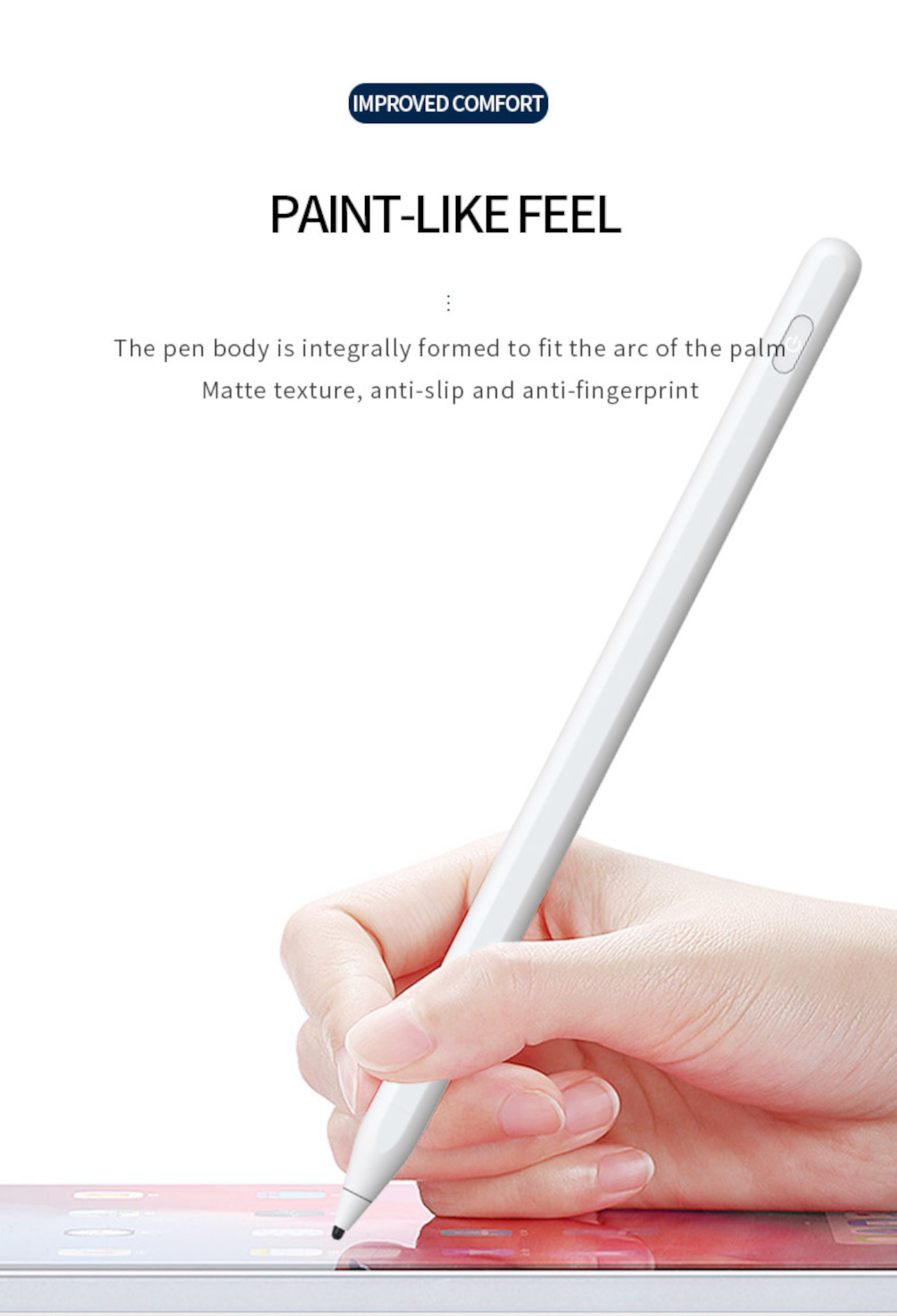 Eine Hand hält einen weißen digitalen Stift vor einem Tablet-Bildschirm, wobei der Text „PAINT-LIKE FEEL“ darüber sichtbar ist.