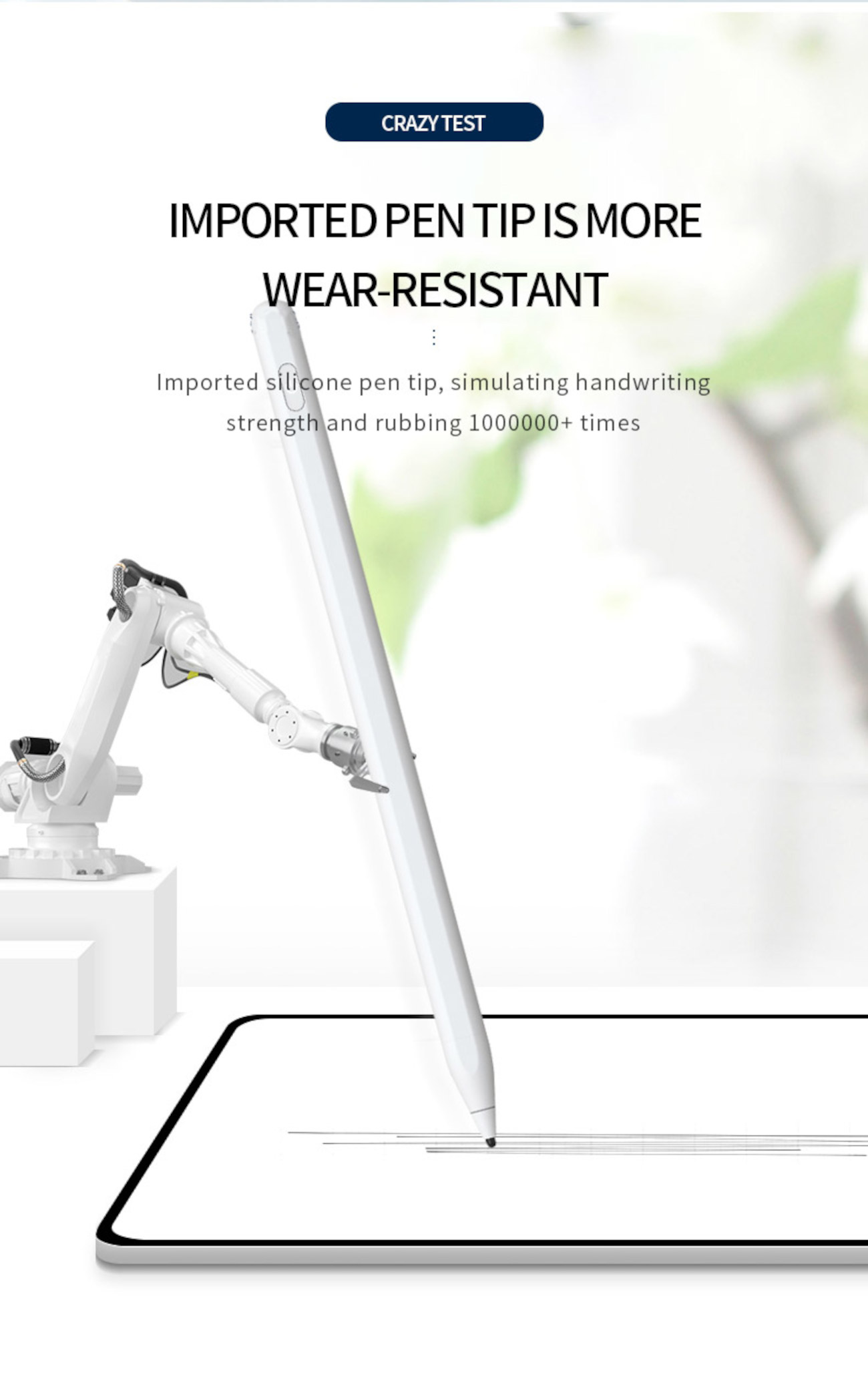 Ein weißer digitaler Stift wird mit einem Roboterarm gezeigt, der seine verschleißfeste Spitze und Haltbarkeit bei simulierten Handschrifttests hervorhebt.
