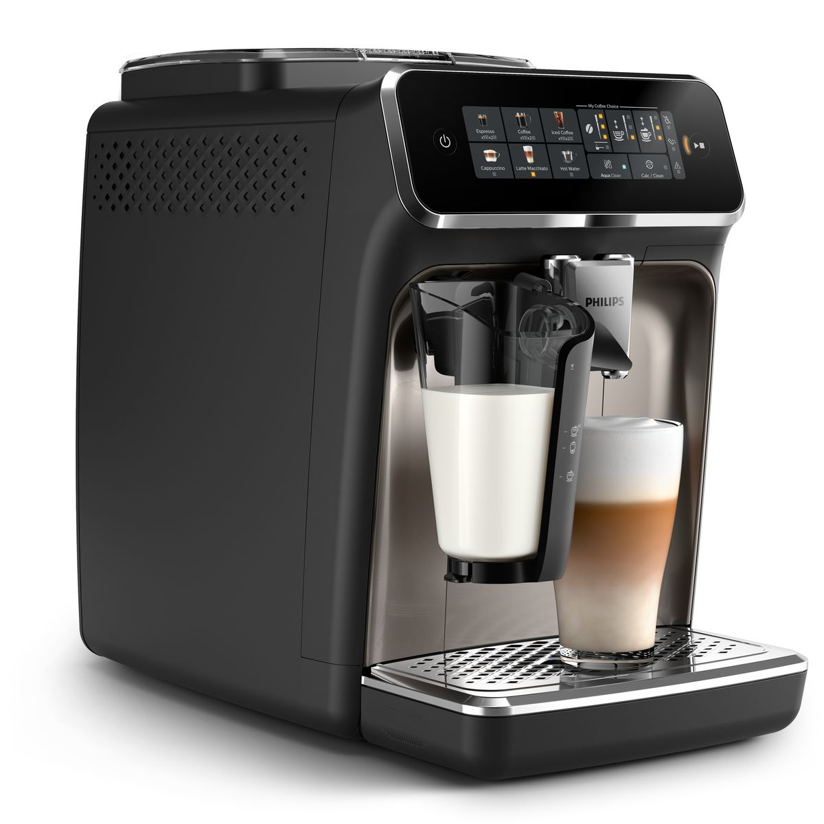 Eine schwarze Philips Kaffeemaschine mit Milchaufschäumer, die die Zubereitung eines Latte zeigt.