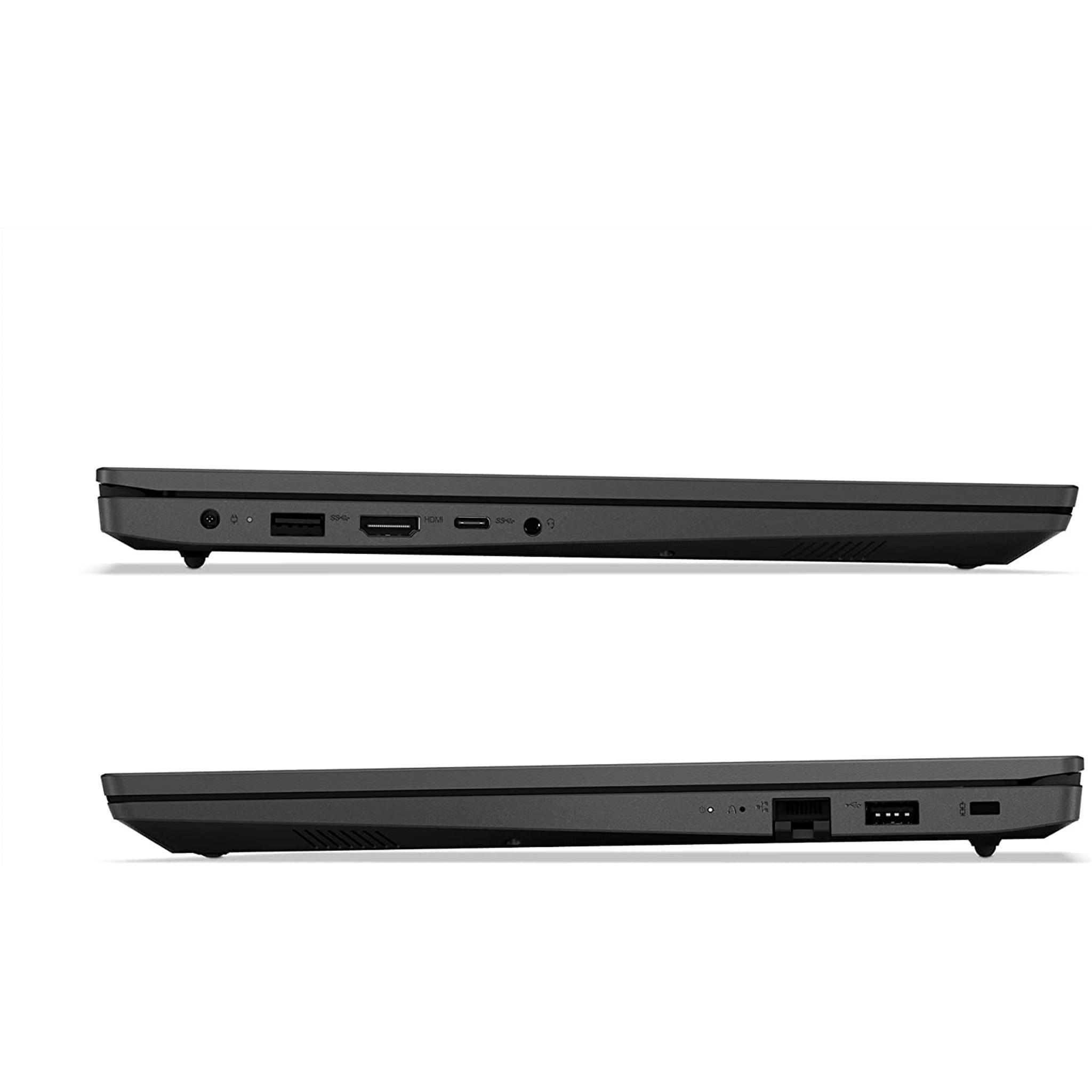 Seitenansicht eines schwarzen Laptops. Sichtbare Anschlüsse umfassen USB-, HDMI- und Audioeingänge. Vor einem weißen Hintergrund.