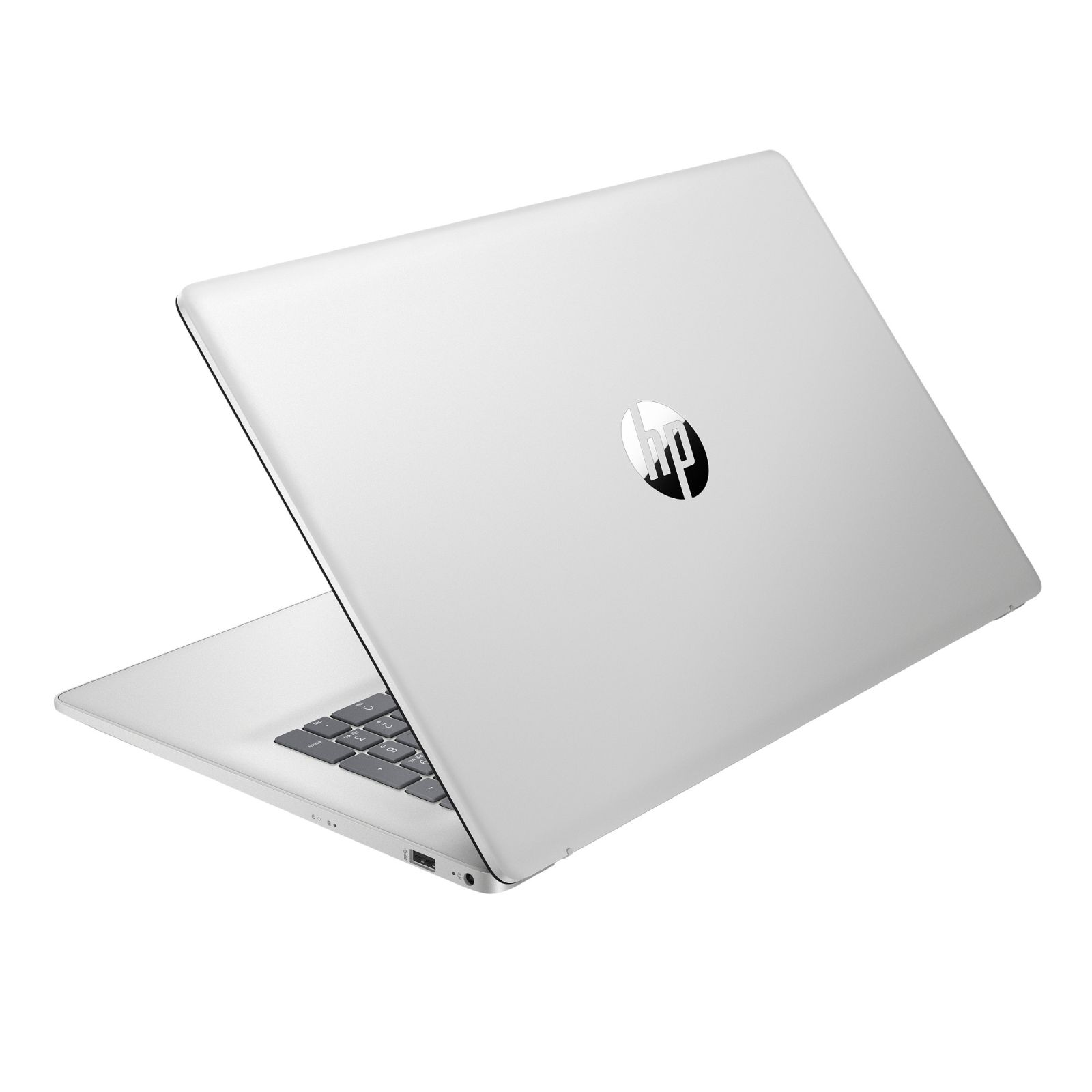 Srebrny laptop HP, częściowo otwarty, z logo HP na białym tle.