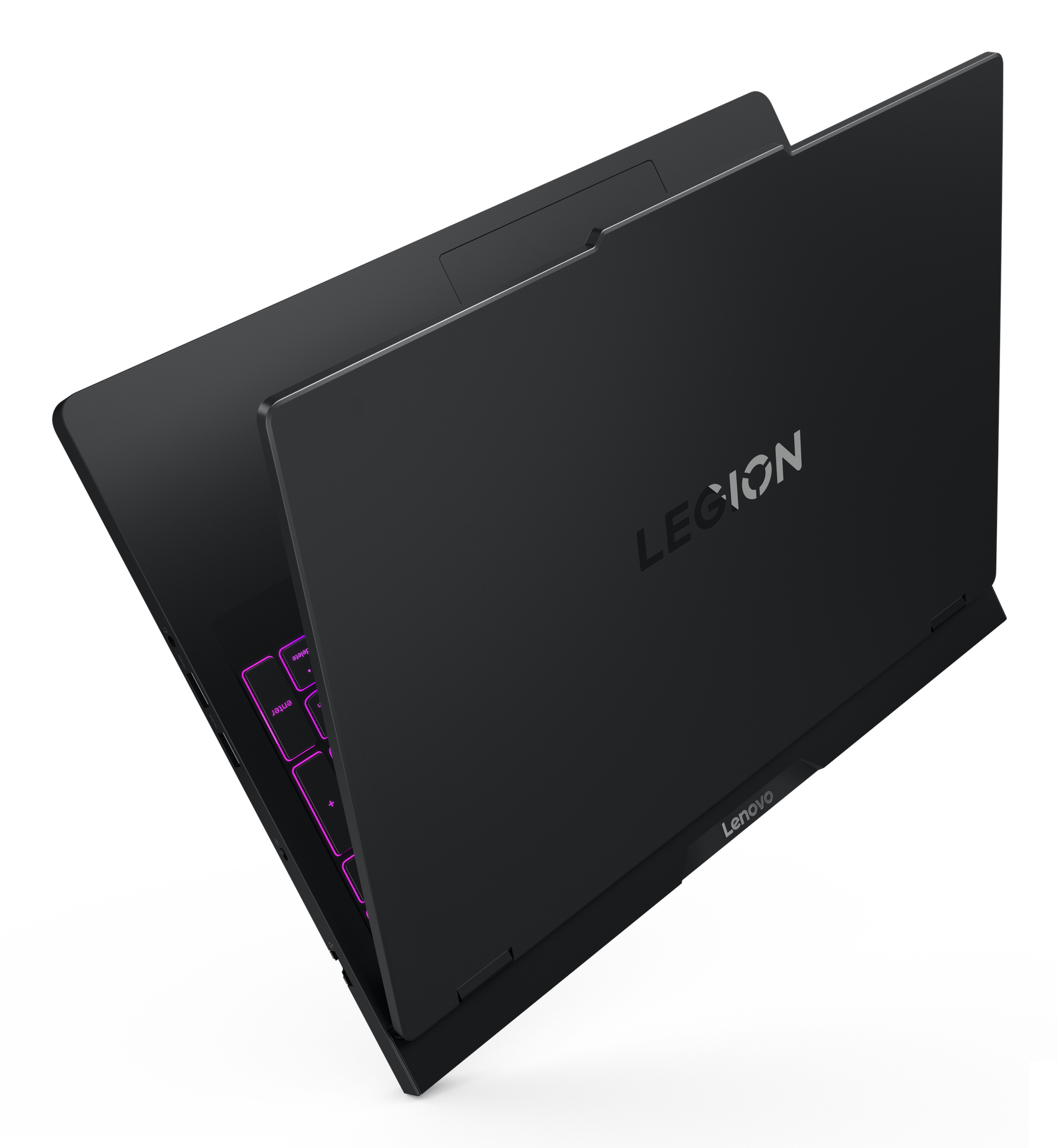 Czarny laptop Lenovo Legion, częściowo otwarty. Logo Legion jest widoczne na pokrywie. Na białym tle.