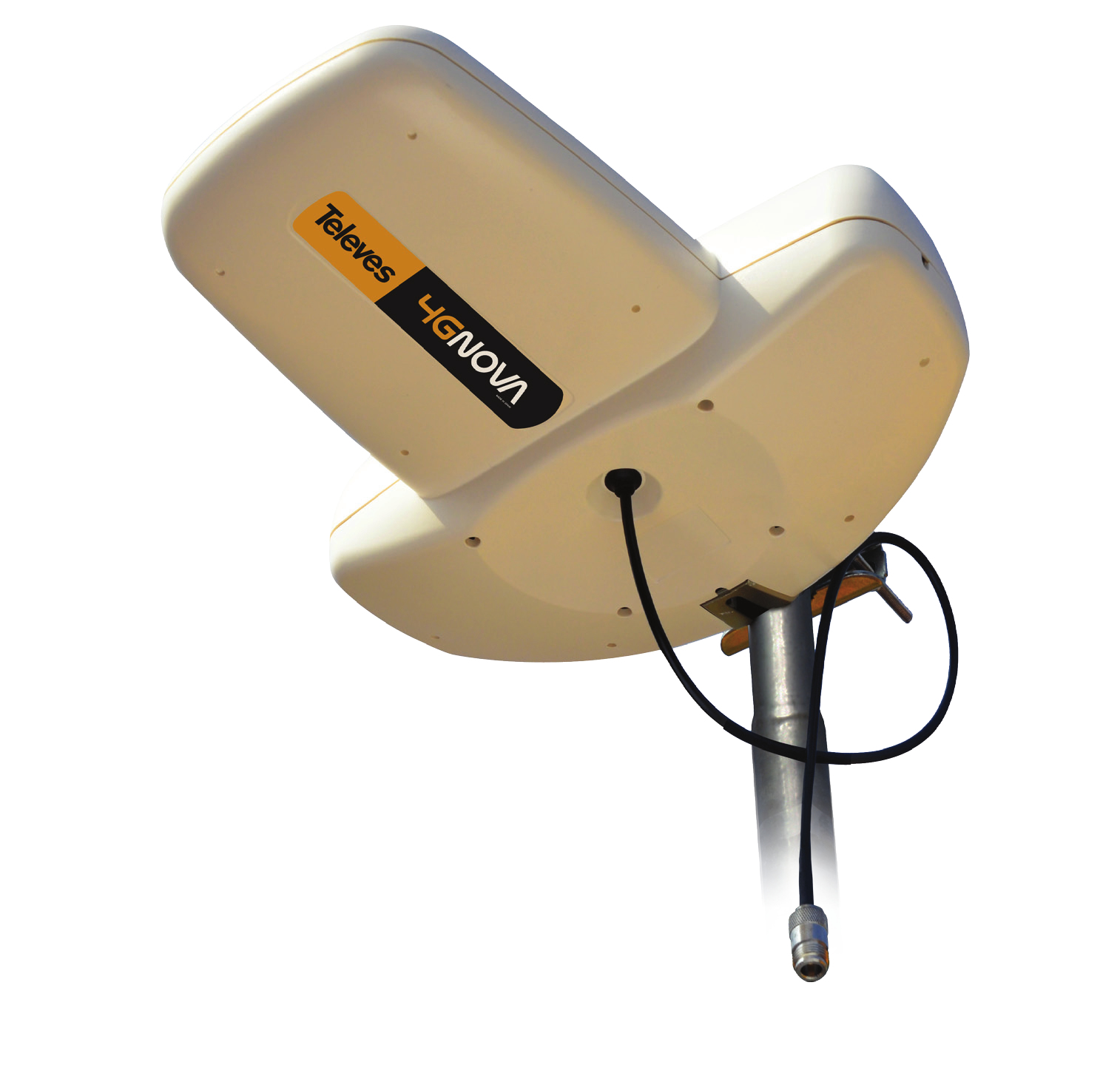 Biała antena Televes 4GNOVA zamontowana na słupie, widziana od dołu.