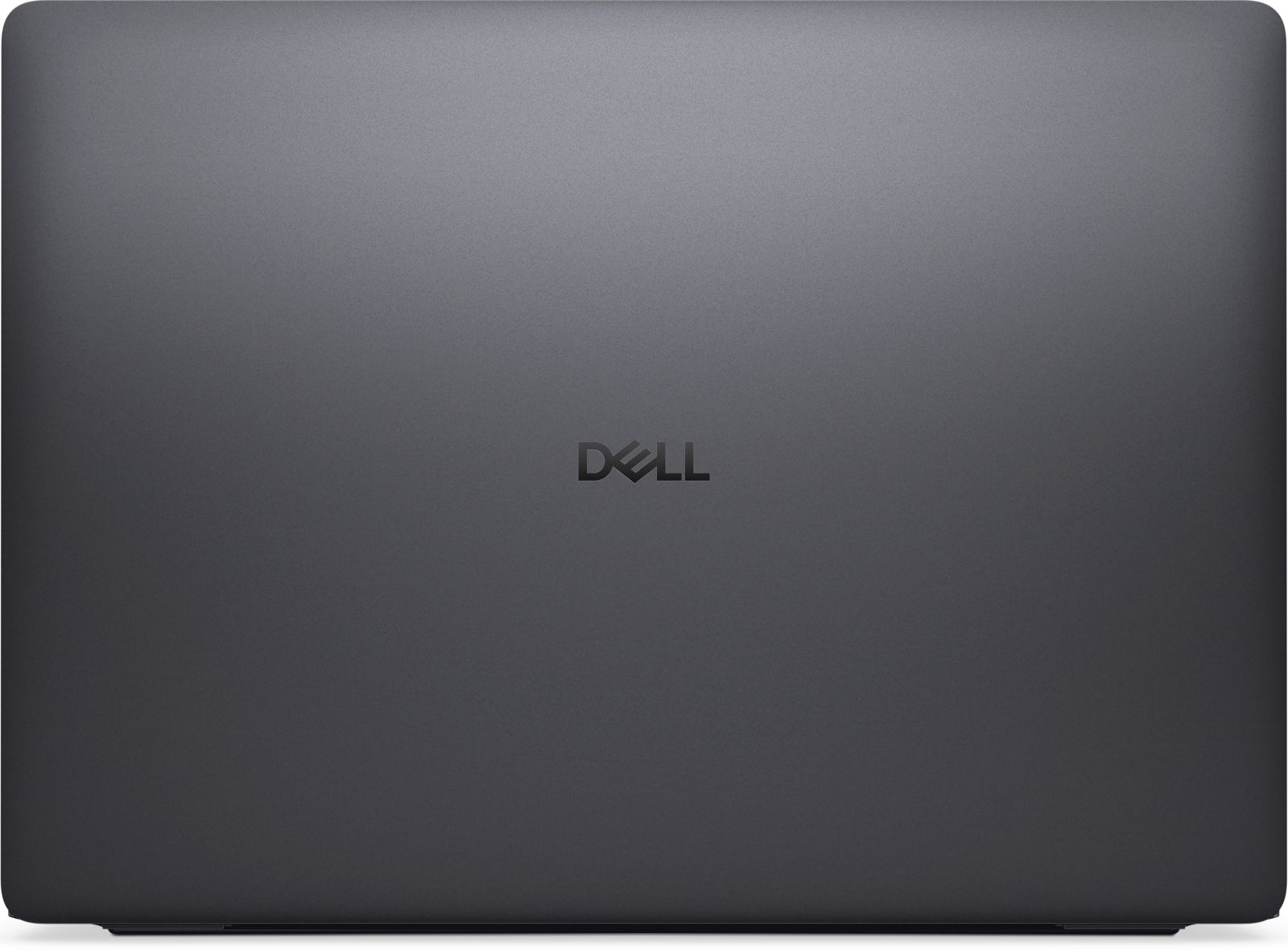 Zamknięty, ciemnoszary laptop Dell jest pokazany z góry, wyświetlając logo na białym tle.